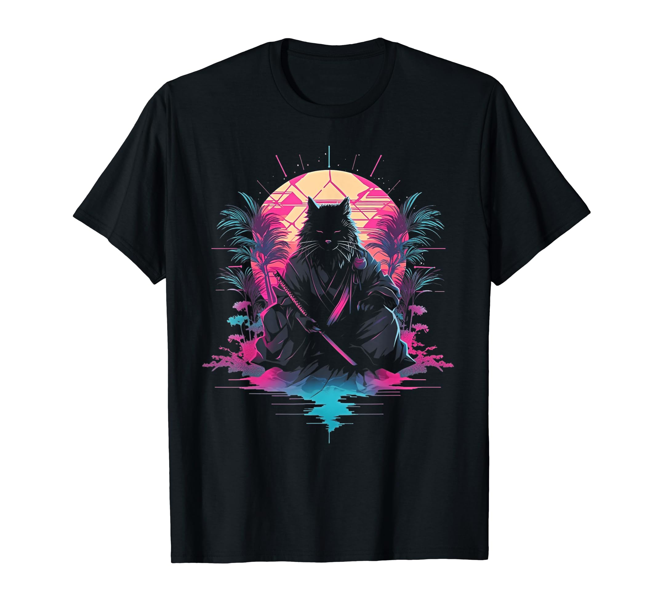 Synthwave Cat Samurai Mediation T-Shirt - Custom Art Print for Adults - T-Shirt, Sweatshirt, Hoodie