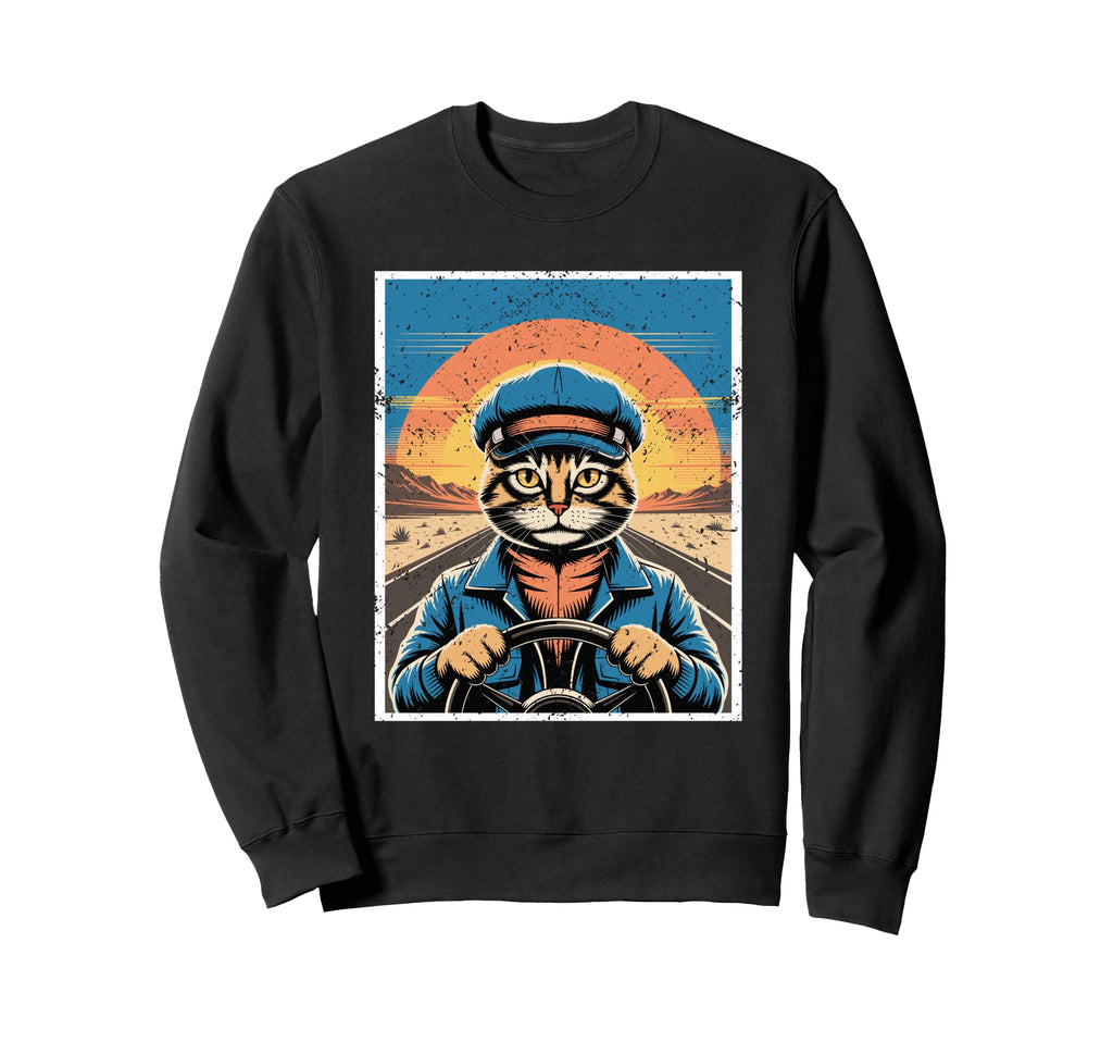 Cat Driver Sunset Adventure Art Sweatshirt - Streetwear Style Unisex - T-Shirt, Sweatshirt, Hoodie