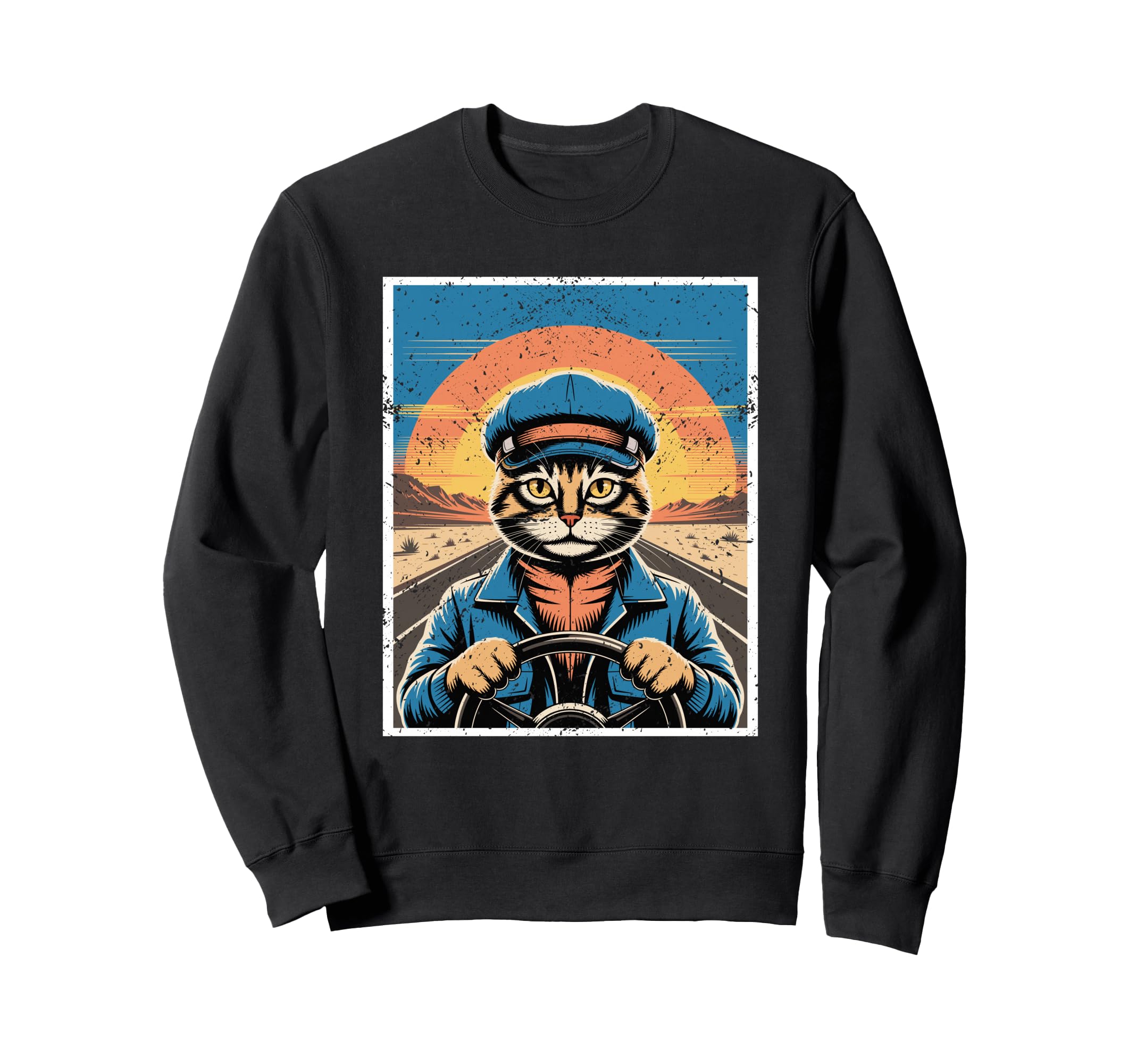 Cat Driver Sunset Adventure Art Sweatshirt - Streetwear Style Unisex - T-Shirt, Sweatshirt, Hoodie