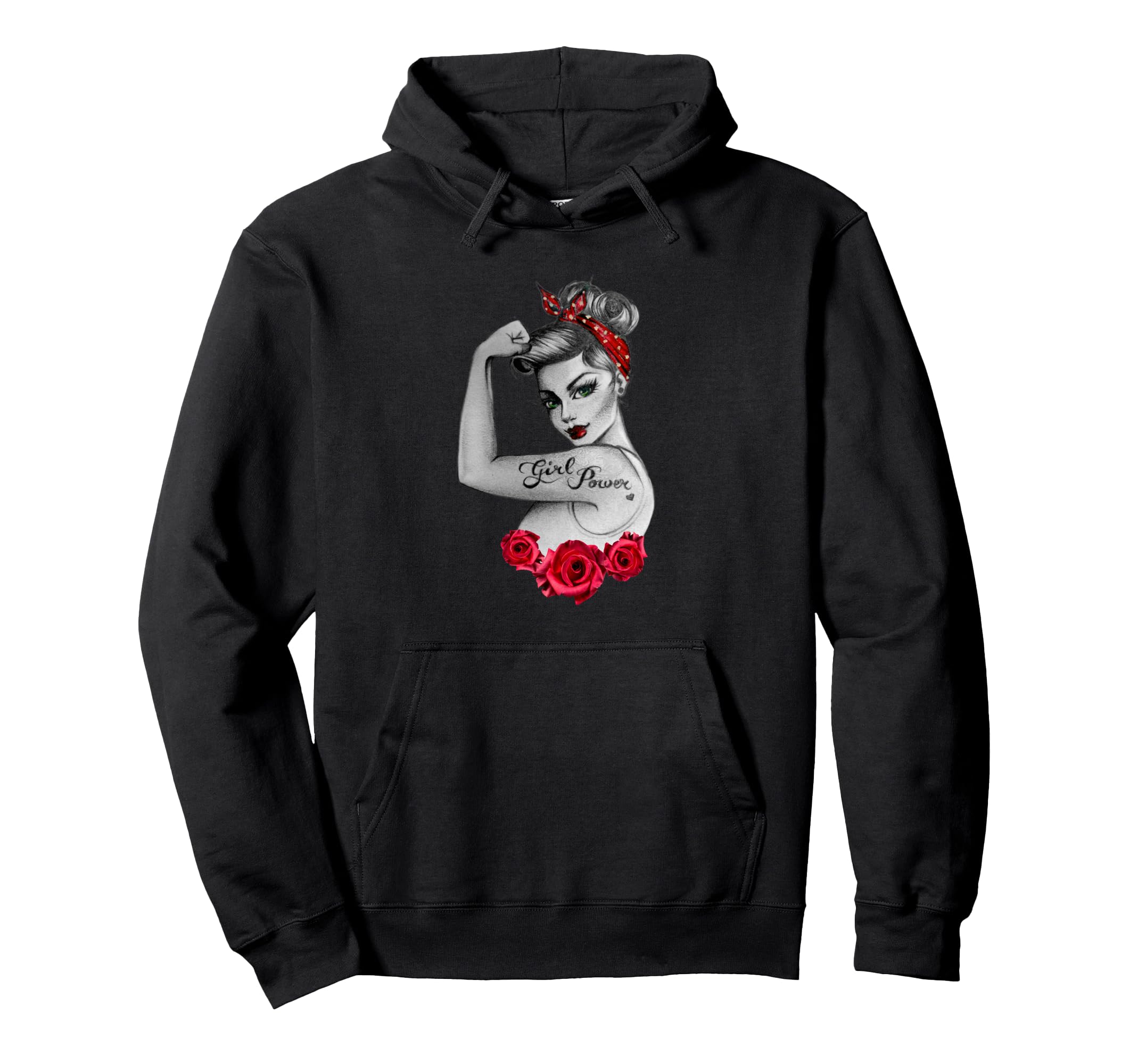 Power Pin Up Red Roses Rosieriveter Hoodie - Custom Art Print Unisex - T-Shirt, Sweatshirt, Hoodie