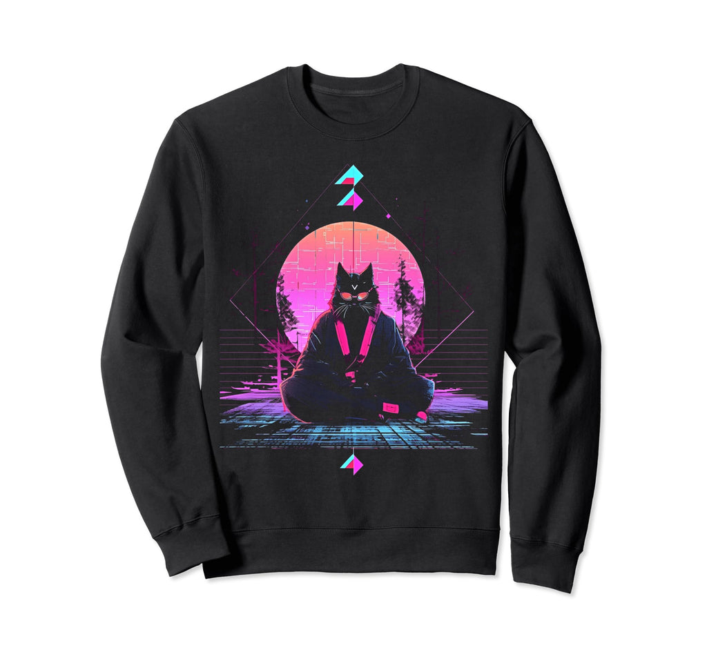 Synthwave Cat Samurai Mediation Sweatshirt - Minimalist Print Men Women - T-Shirt, Sweatshirt, Hoodie