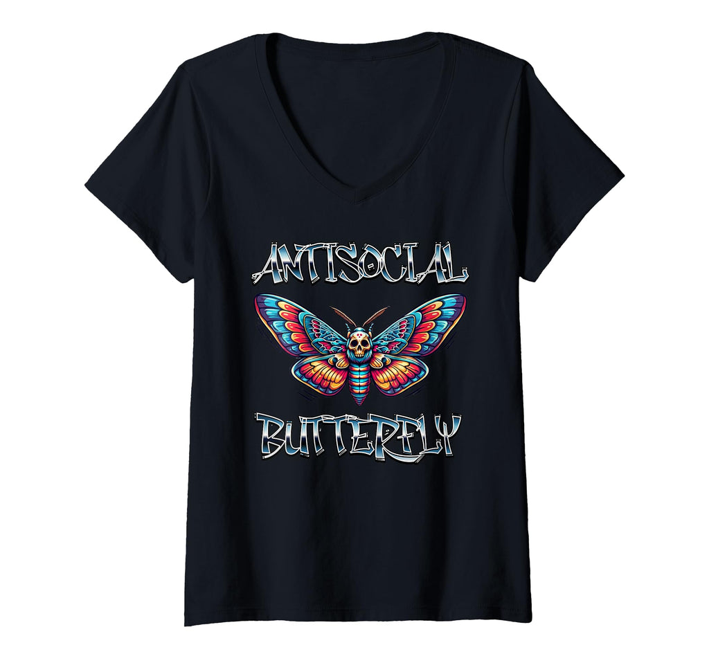 Womens Antisocial Butterfly V Neck T-Shirt - Trendy Graphic for Adults - T-Shirt, Sweatshirt, Hoodie