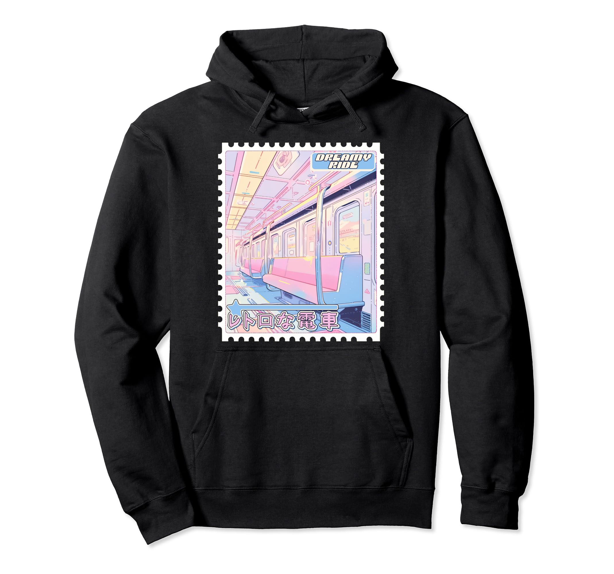 90S Anime Train Postage Stamp Hoodie - Casual Everyday Wear for Adults - T-Shirt, Sweatshirt, Hoodie