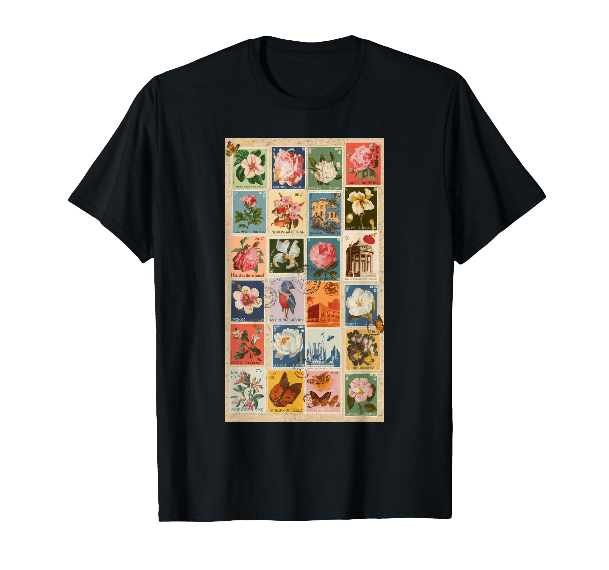 Stamp Collage Postage Travel T-Shirt - Minimalist Print Unisex - T-Shirt, Sweatshirt, Hoodie