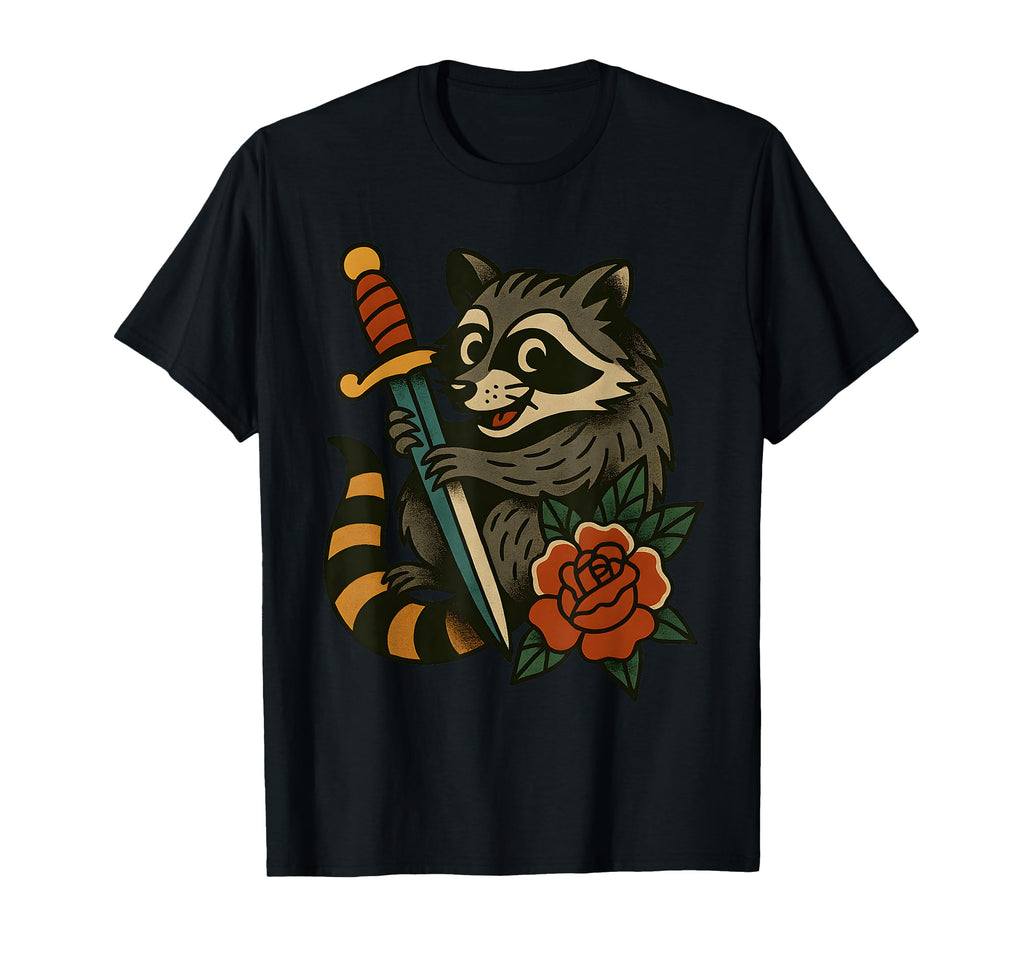 Raccoon Tattoo Flash Art Rose T-Shirt - Minimalist Print Men Women - T-Shirt, Sweatshirt, Hoodie