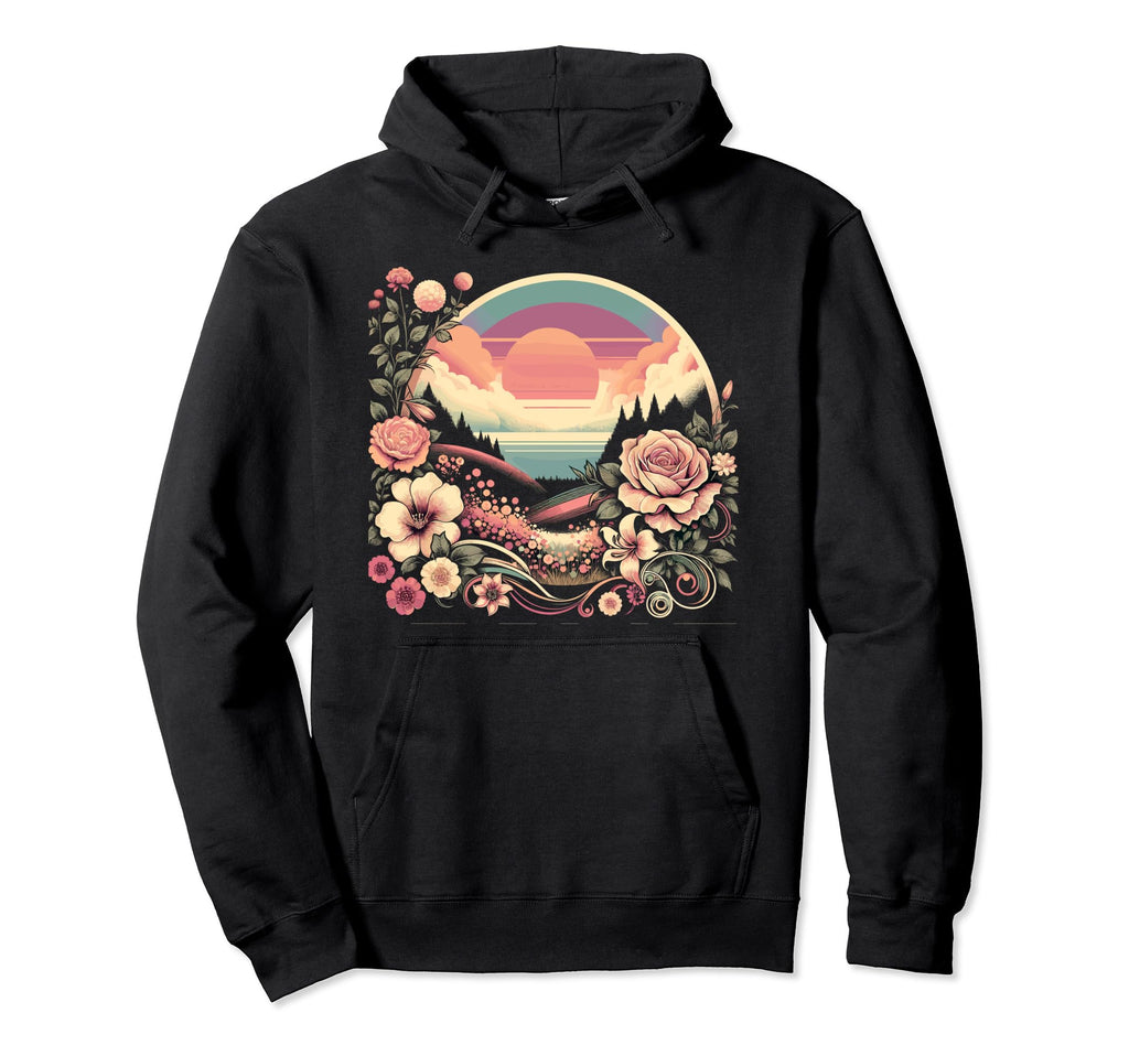 Sunset Garden Serene Floral Scene Hoodie - Fun Novelty Design for Adults - T-Shirt, Sweatshirt, Hoodie