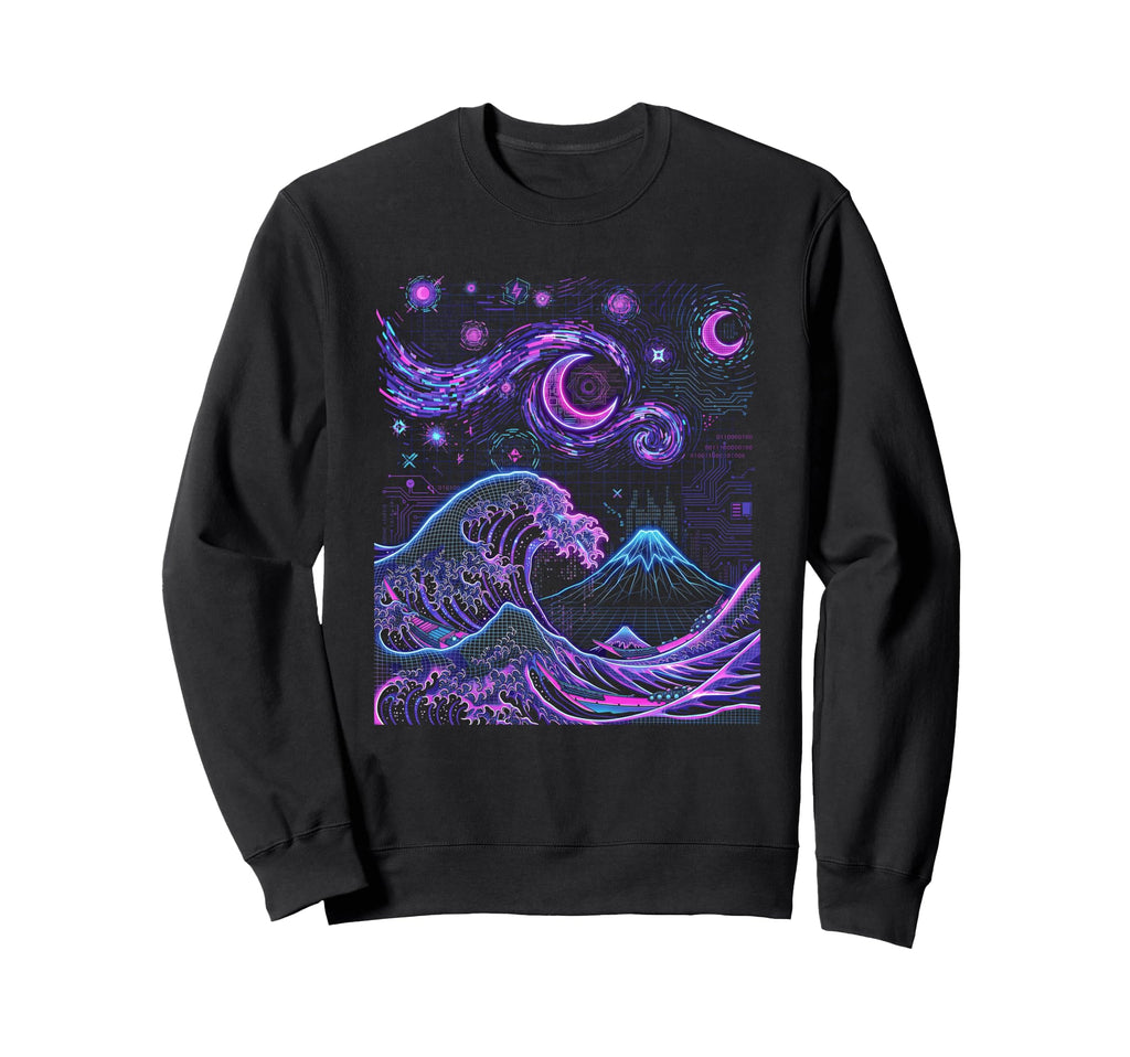 Great Wave Starry Night Synthwave Sweatshirt - Minimalist Print for Adults - T-Shirt, Sweatshirt, Hoodie