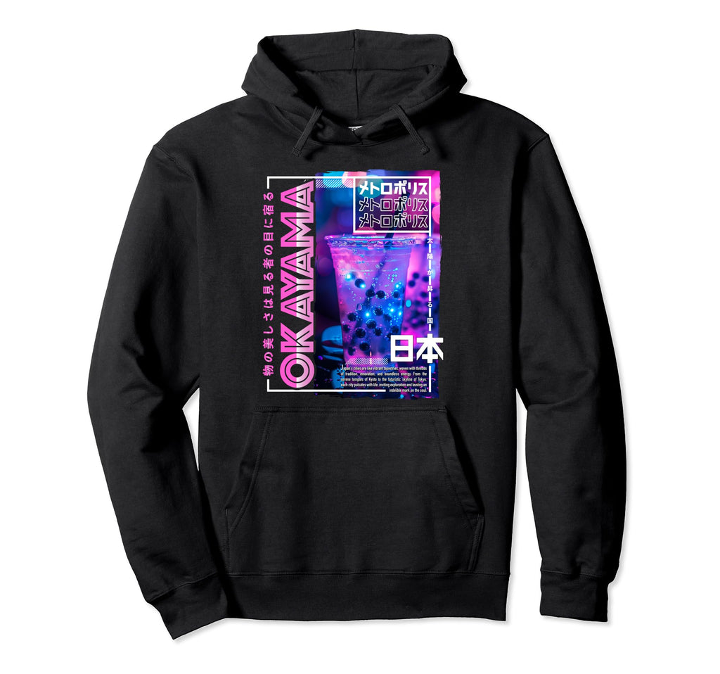 Okayama City 80S Synthwave Boba Tea Japan Hoodie - Graphic Print Unisex - T-Shirt, Sweatshirt, Hoodie