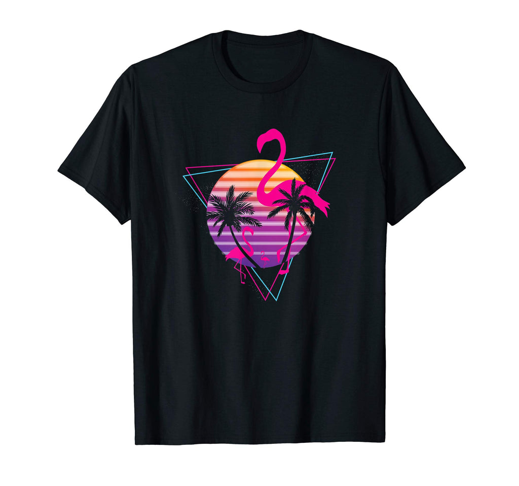 80S Flamingo Palm Sunset Synthwave T-Shirt - Unique Graphic Unisex - T-Shirt, Sweatshirt, Hoodie