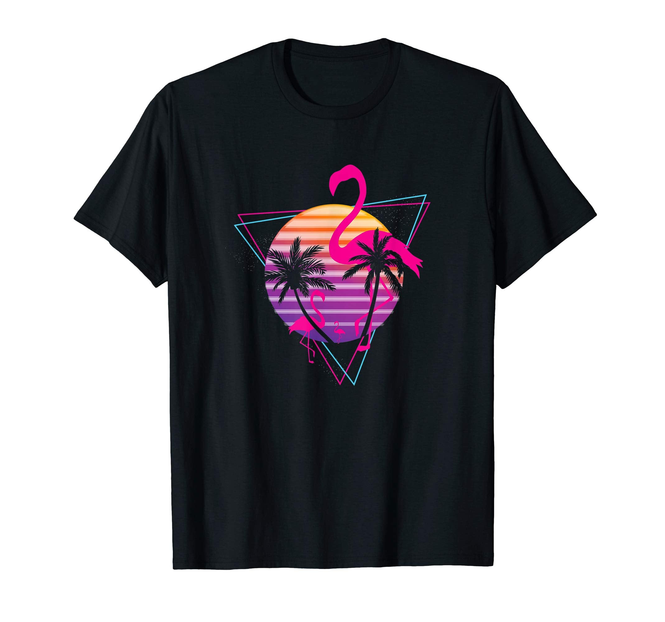 80S Flamingo Palm Sunset Synthwave T-Shirt - Unique Graphic Unisex - T-Shirt, Sweatshirt, Hoodie