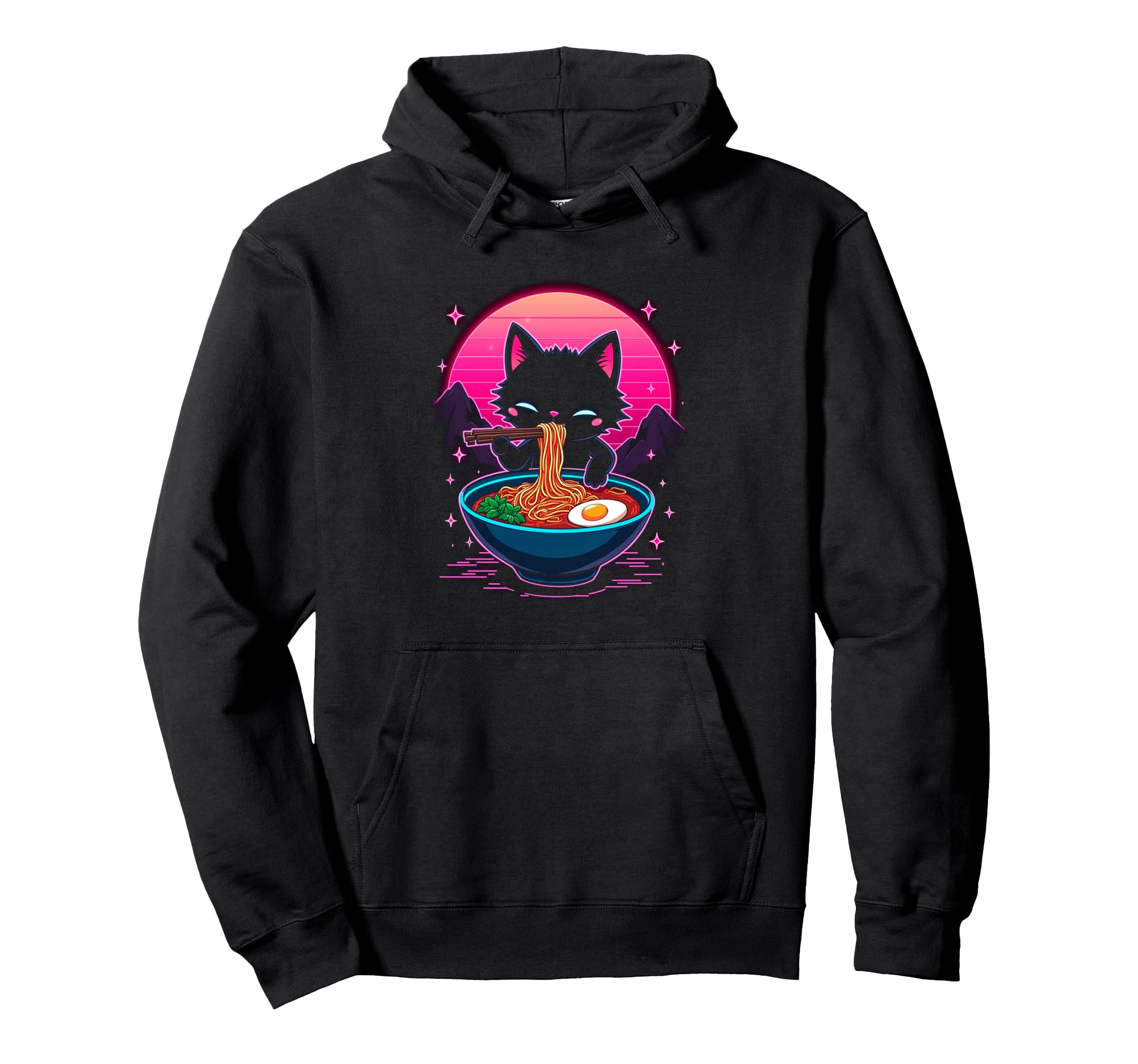 Synthwave Cat Ramen Anime Noodle Japanese Hoodie - Unique Graphic Unisex - T-Shirt, Sweatshirt, Hoodie