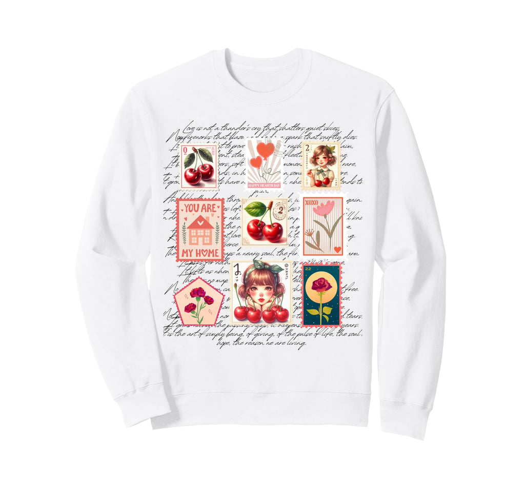 Cherry Love Postage Stamps Valentine Sweatshirt - Trendy Graphic Unisex - T-Shirt, Sweatshirt, Hoodie