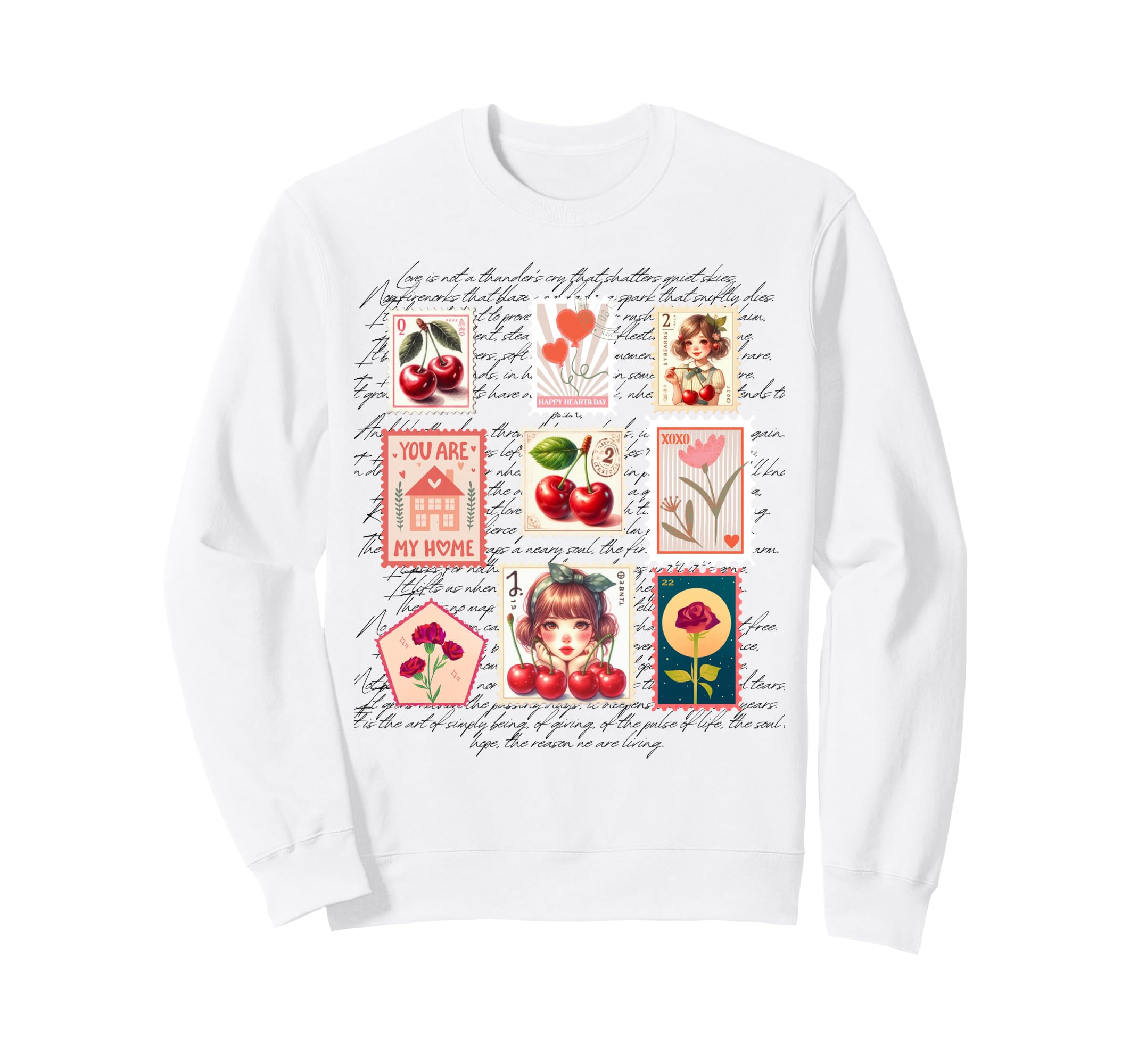 Cherry Love Postage Stamps Valentine Sweatshirt - Trendy Graphic Unisex - T-Shirt, Sweatshirt, Hoodie