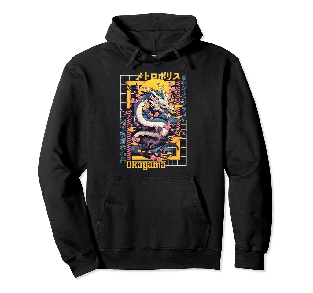 Okayama City Synthwave 80S Dragon Asian Hoodie - Aesthetic Graphic Unisex - T-Shirt, Sweatshirt, Hoodie