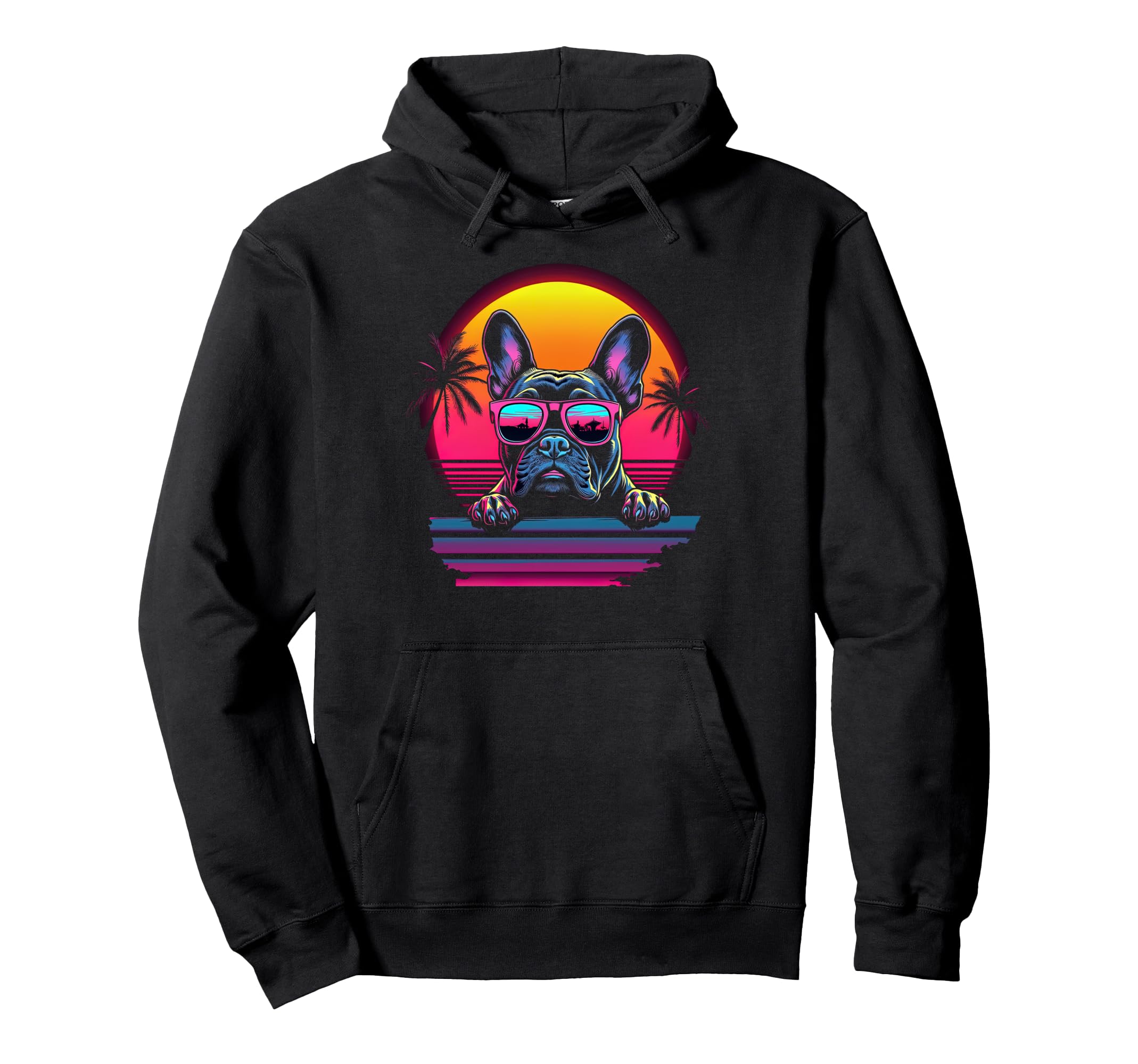 French Bulldog Synthwave Sunset 80S Hoodie - Novelty Apparel Men Women - T-Shirt, Sweatshirt, Hoodie