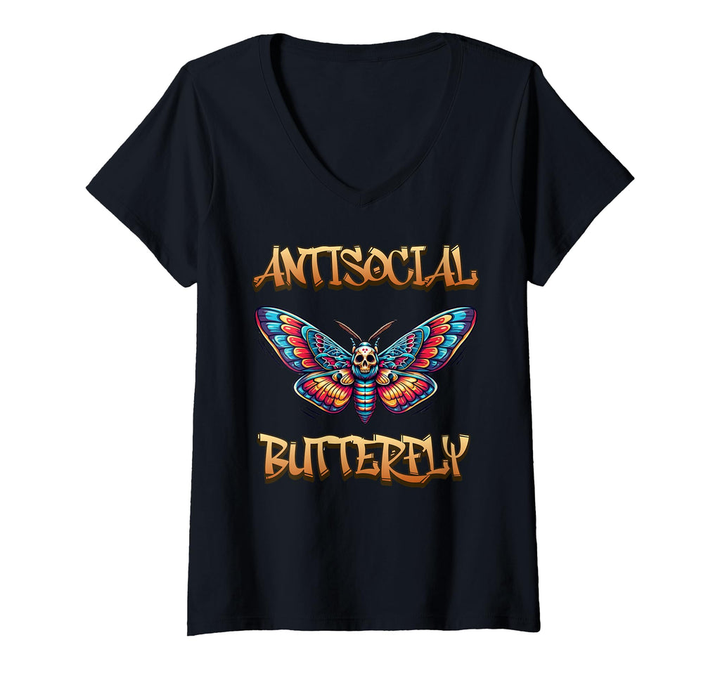 Womens Antisocial Butterfly V Neck T-Shirt - Custom Art Print Men Women - T-Shirt, Sweatshirt, Hoodie