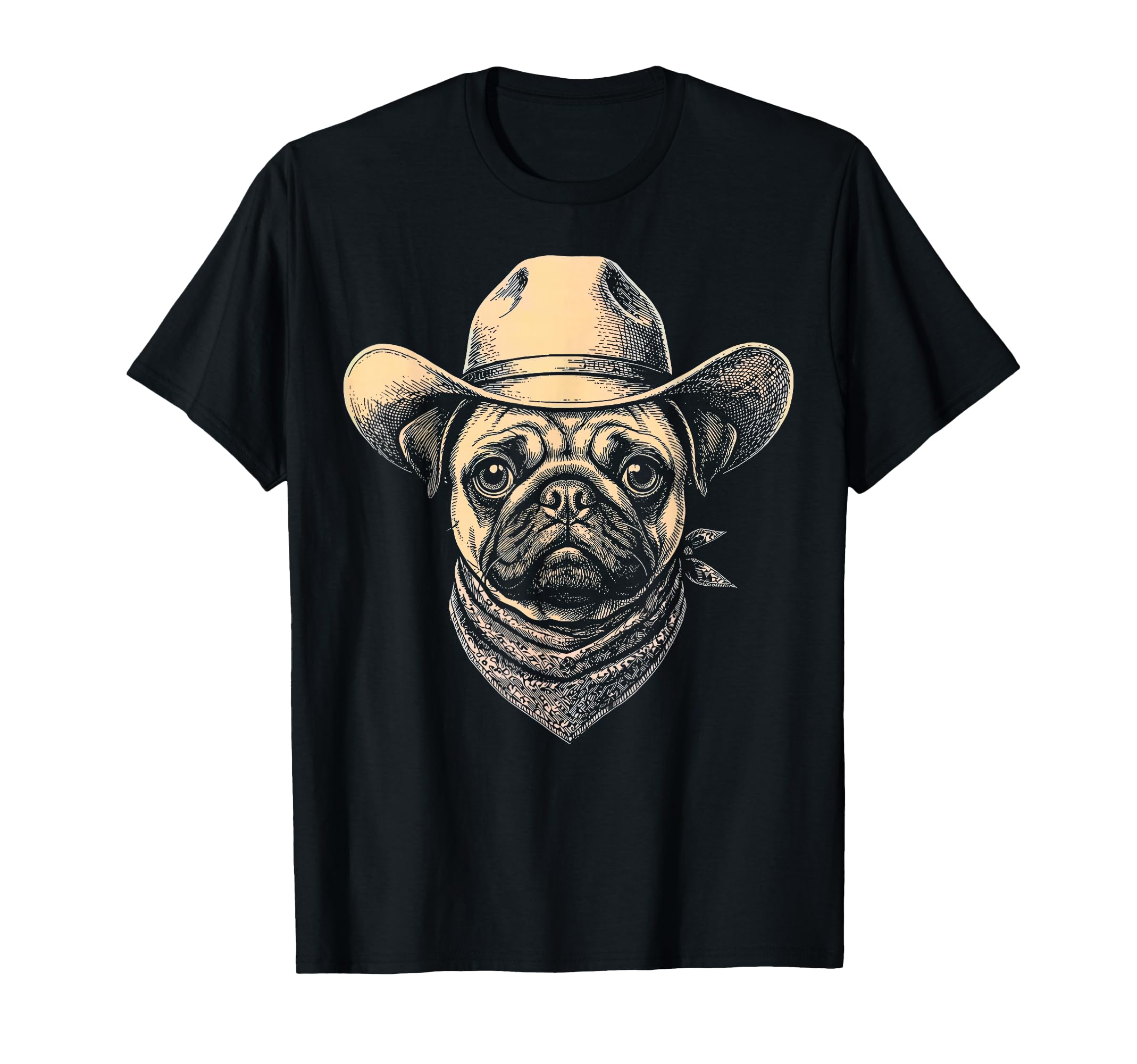 Pug Dog Cowboy Hat Bandana Western T-Shirt - Aesthetic Graphic for Adults - T-Shirt, Sweatshirt, Hoodie