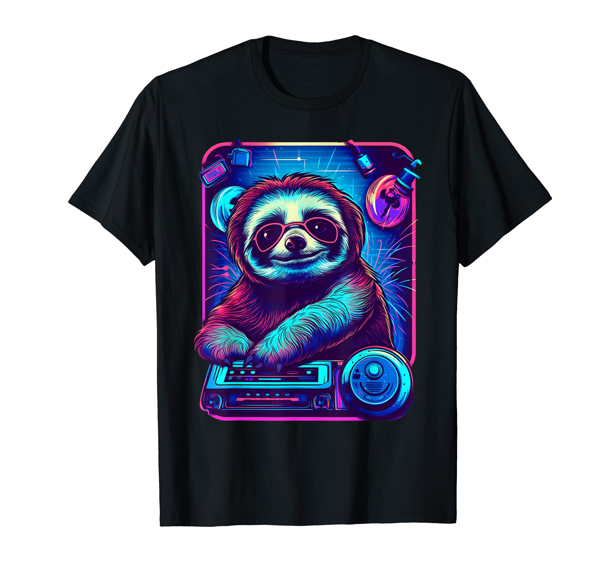 80S Funny Synthwave Sloth Dj T-Shirt - Novelty Apparel for Adults - T-Shirt, Sweatshirt, Hoodie