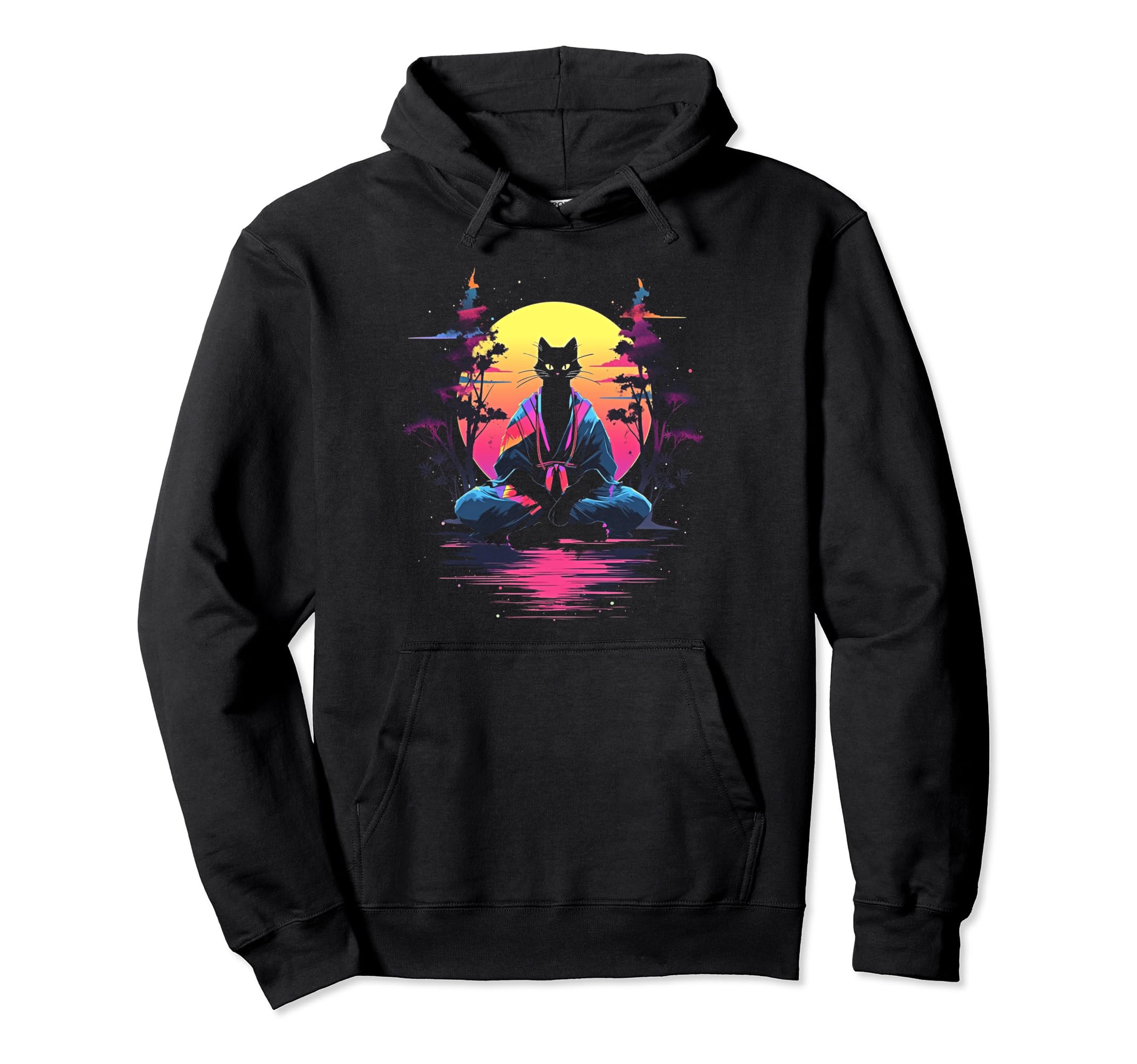 Synthwave Cat Samurai Mediation Vaporwave Hoodie - Graphic Print Men Women - T-Shirt, Sweatshirt, Hoodie