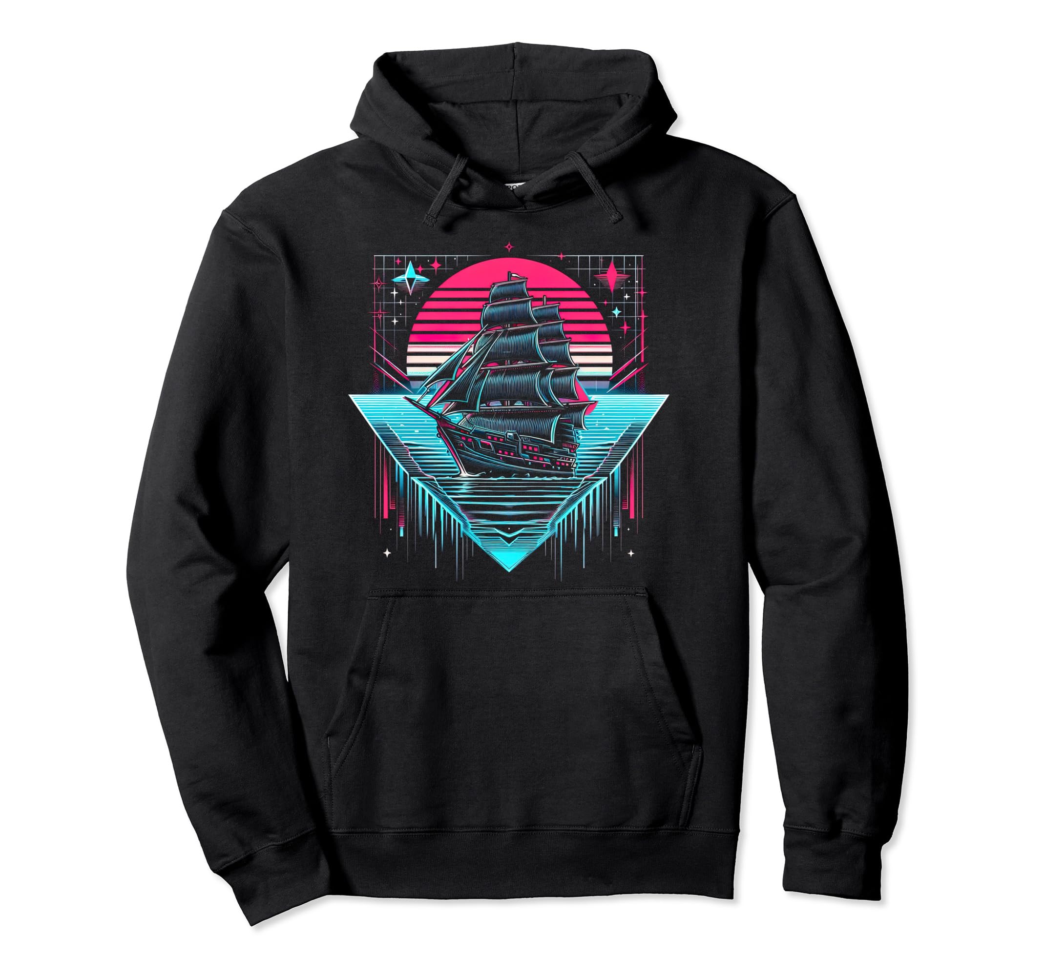 Synthwave Pirate Ship Retrowave Sunset Hoodie - Graphic Print for Adults - T-Shirt, Sweatshirt, Hoodie