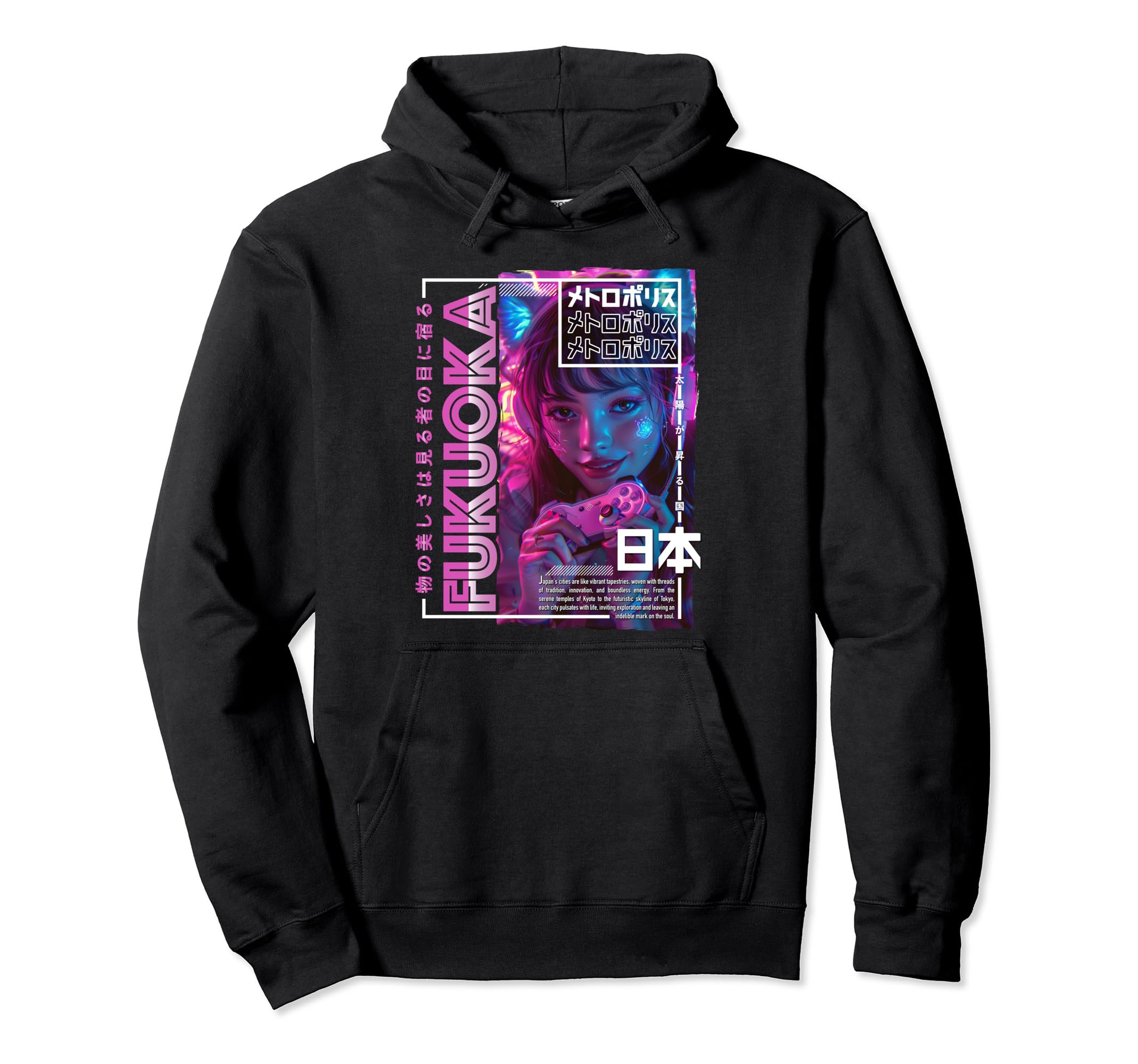 Fukuoka City 80S Synthwave E Japan Hoodie - Aesthetic Graphic Unisex - T-Shirt, Sweatshirt, Hoodie