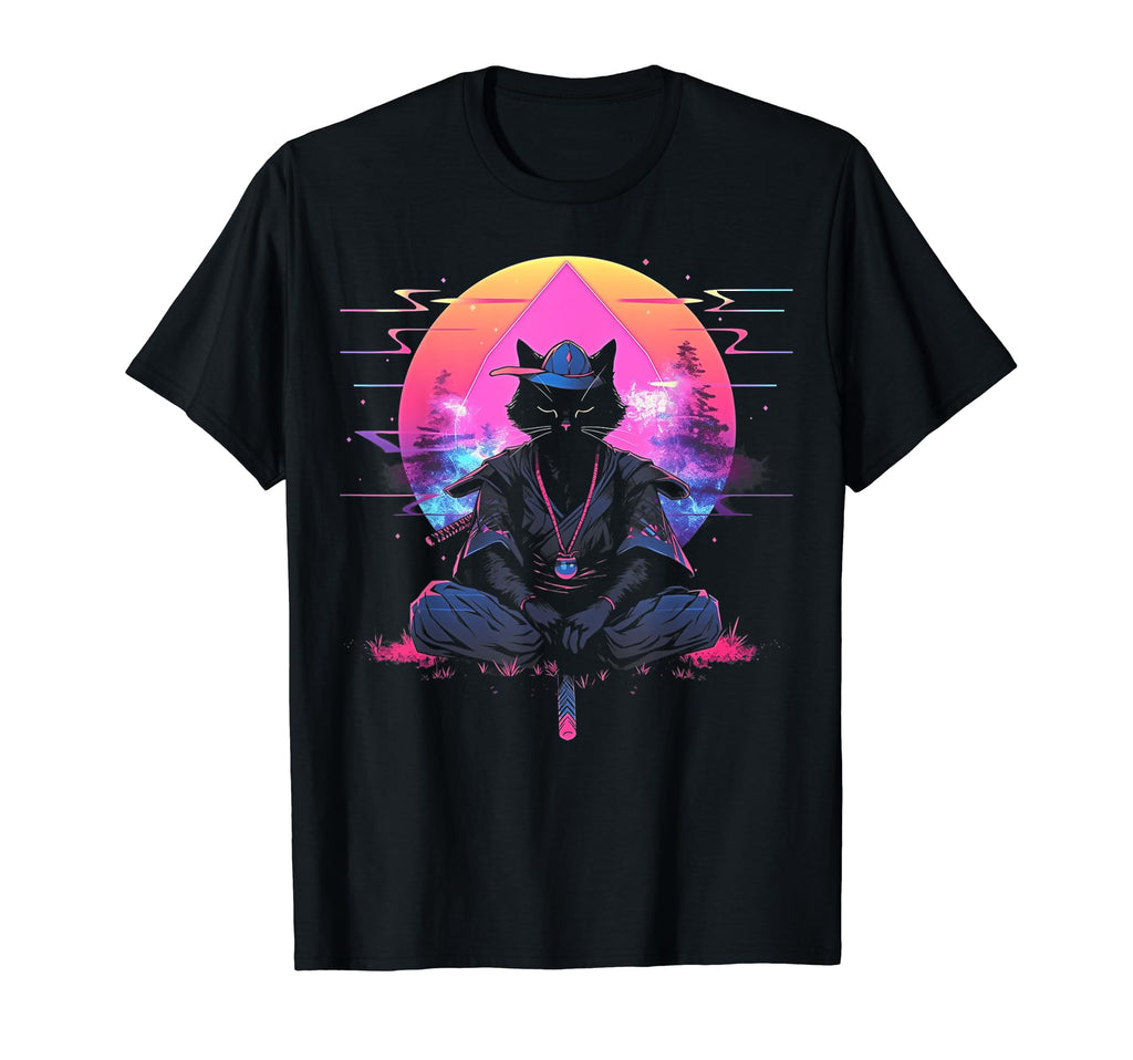 Synthwave Cat Samurai Mediation T-Shirt - Aesthetic Graphic Unisex - T-Shirt, Sweatshirt, Hoodie