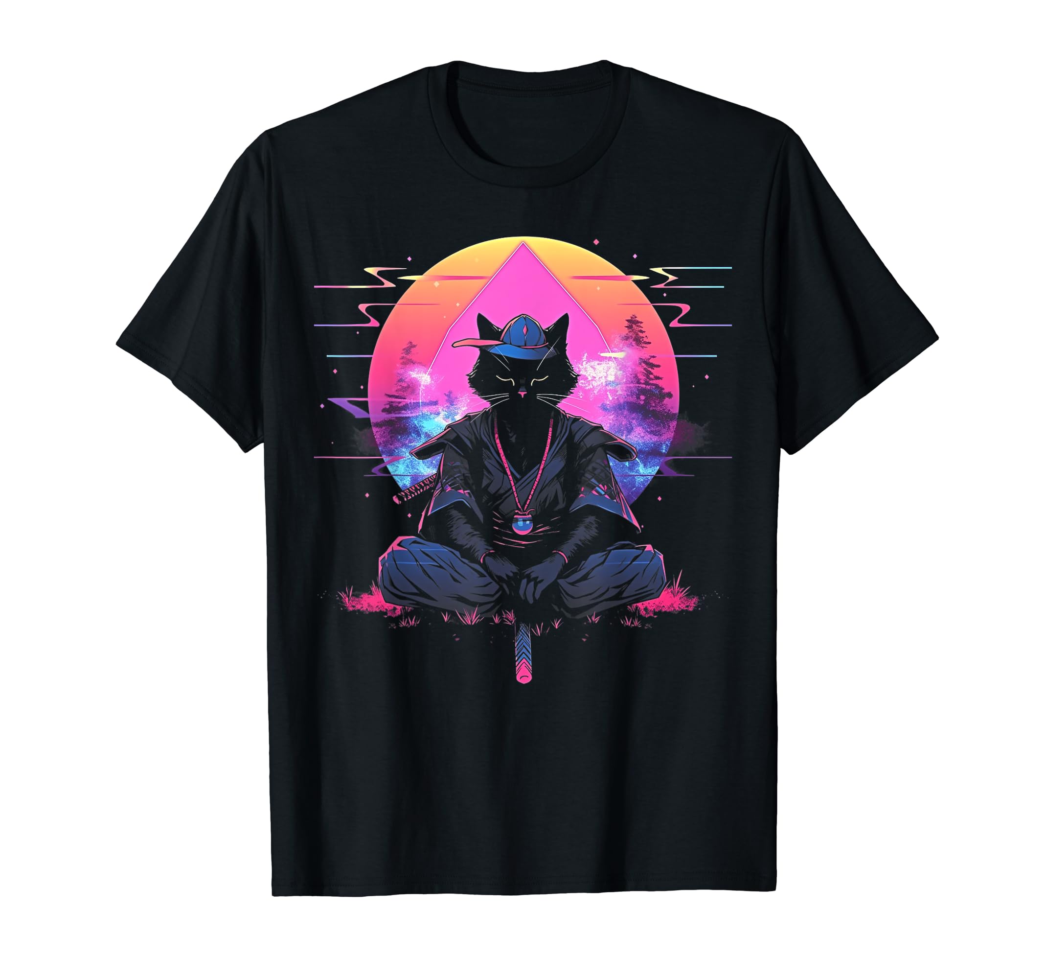 Synthwave Cat Samurai Mediation T-Shirt - Aesthetic Graphic Unisex - T-Shirt, Sweatshirt, Hoodie