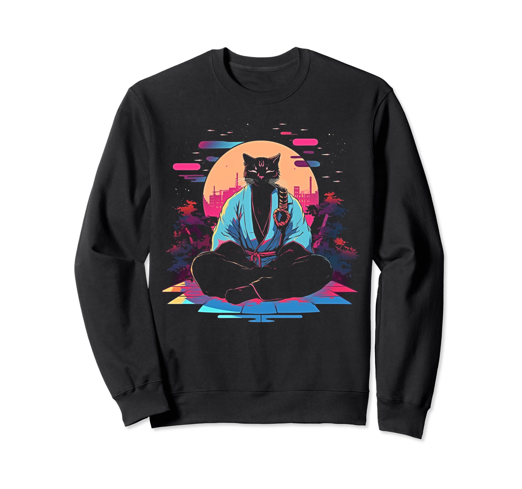 Synthwave Cat Samurai Mediation Sweatshirt - Minimalist Print Unisex - T-Shirt, Sweatshirt, Hoodie