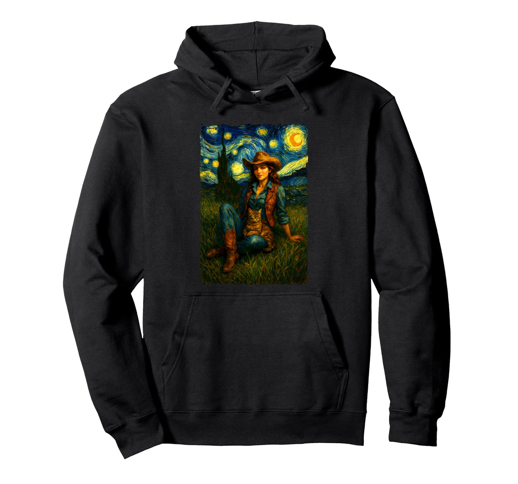 Starry Night Western Cowgirl Cat Van Gogh Hoodie - Trendy Graphic Unisex - T-Shirt, Sweatshirt, Hoodie