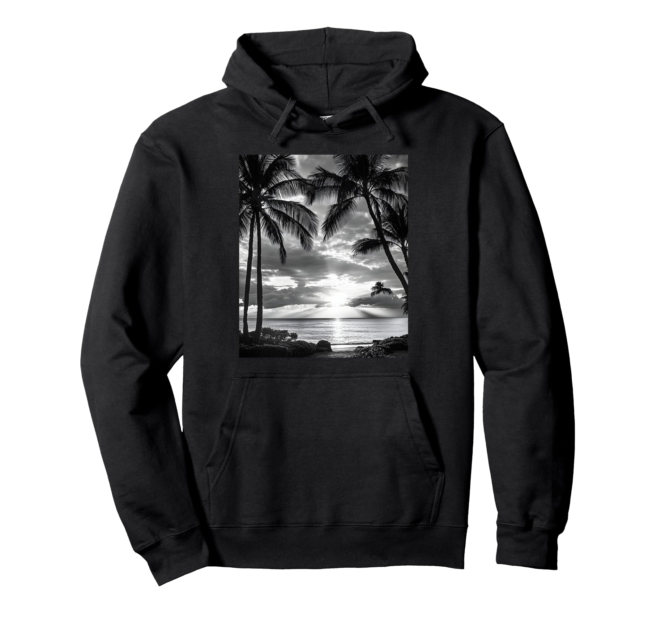 Black White Photo Palm Trees Sunset Hoodie - Unique Graphic for Adults - T-Shirt, Sweatshirt, Hoodie