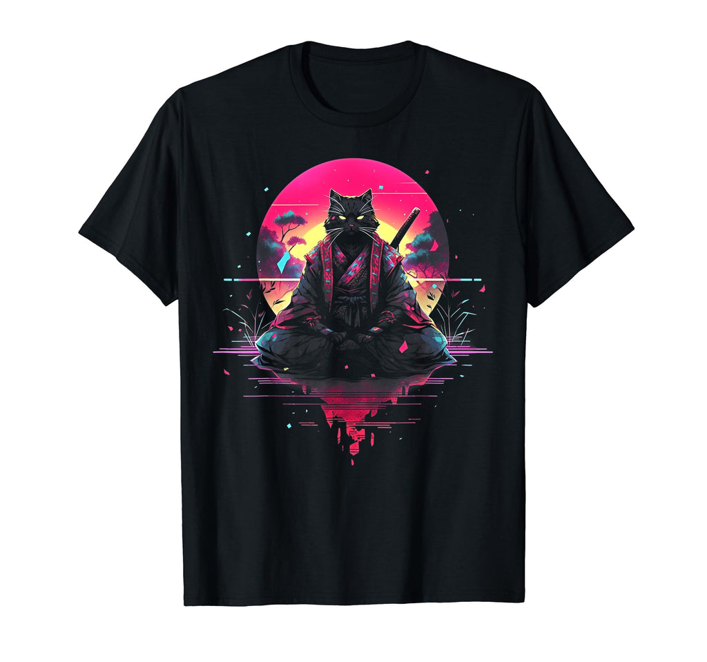 Synthwave Cat Samurai Mediation T-Shirt - Fun Novelty Design Men Women - T-Shirt, Sweatshirt, Hoodie