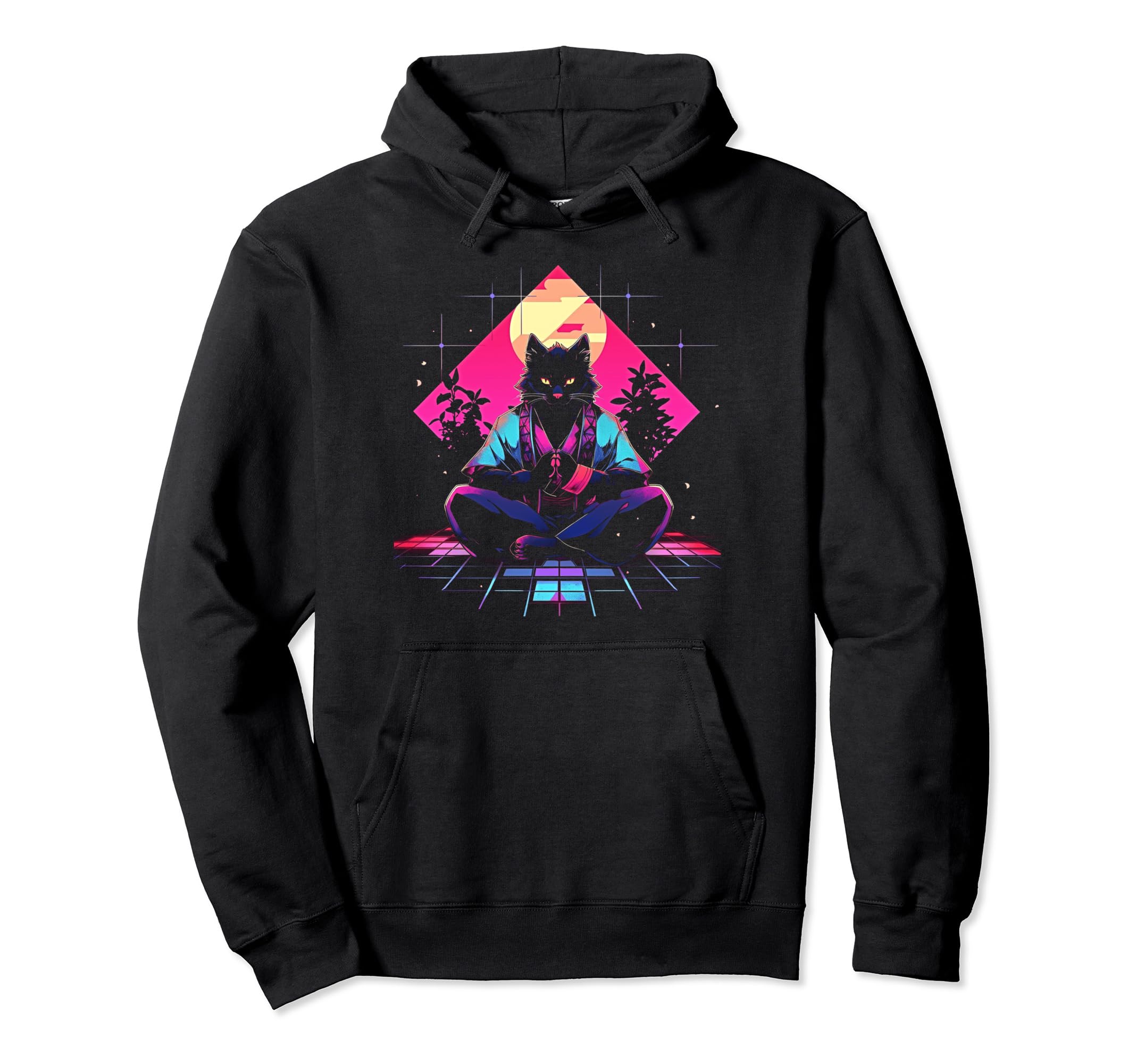 Synthwave Cat Samurai Mediation Hoodie - Unique Graphic Men Women - T-Shirt, Sweatshirt, Hoodie