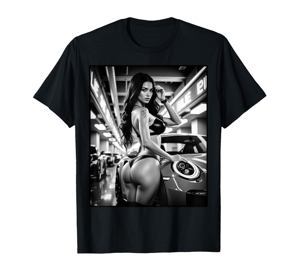 Pinup Hot Pin Up Exotic Car Bw T-Shirt - Trendy Graphic for Adults - T-Shirt, Sweatshirt, Hoodie