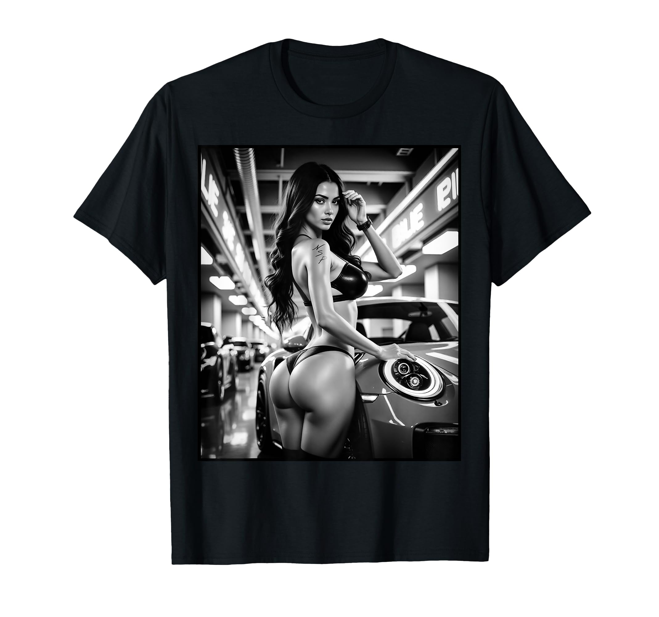 Pinup Hot Pin Up Exotic Car Bw T-Shirt - Trendy Graphic for Adults - T-Shirt, Sweatshirt, Hoodie