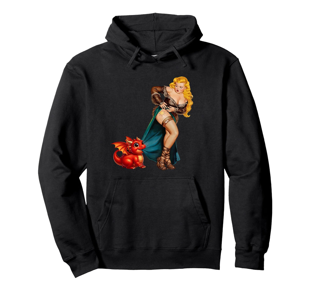 Fantasy Barbarian Pinup Red Dragon Hoodie - Casual Everyday Wear Men Women - T-Shirt, Sweatshirt, Hoodie