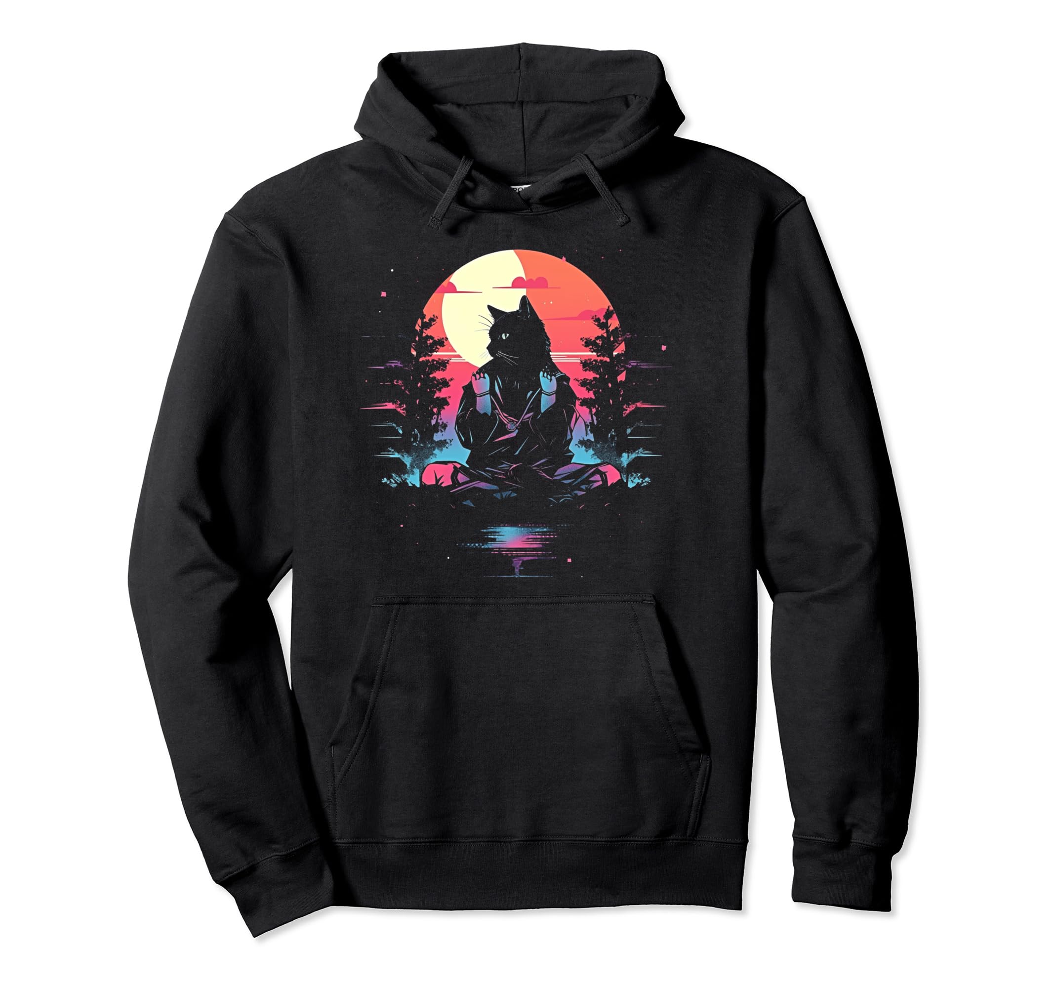 Synthwave Cat Samurai Mediation Hoodie - Aesthetic Graphic Unisex - T-Shirt, Sweatshirt, Hoodie