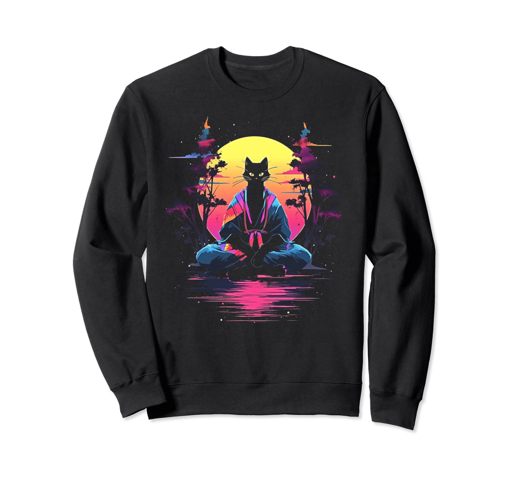 Synthwave Cat Samurai Mediation Sweatshirt - Fun Novelty Design for Adults - T-Shirt, Sweatshirt, Hoodie