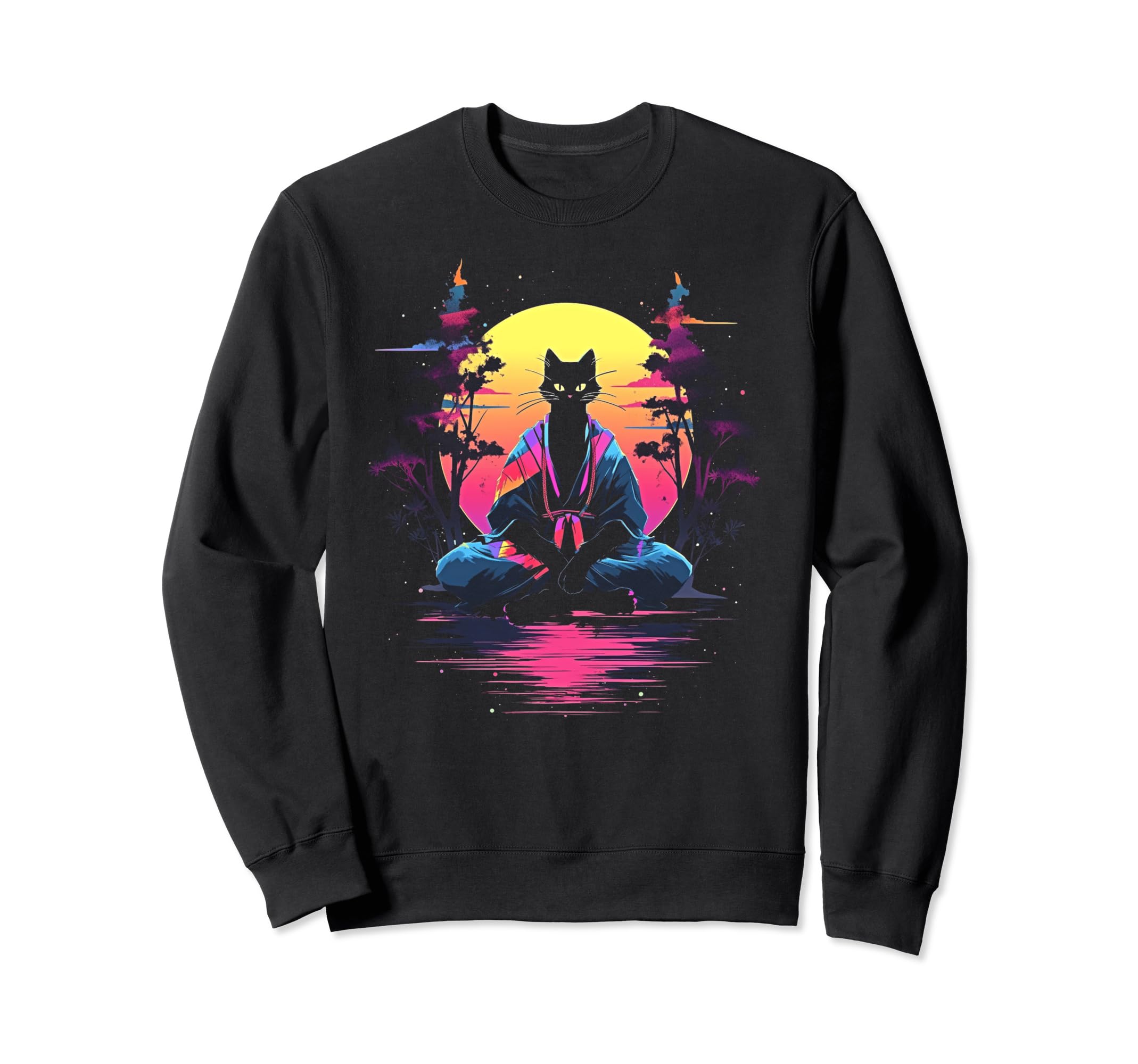 Synthwave Cat Samurai Mediation Sweatshirt - Fun Novelty Design for Adults - T-Shirt, Sweatshirt, Hoodie