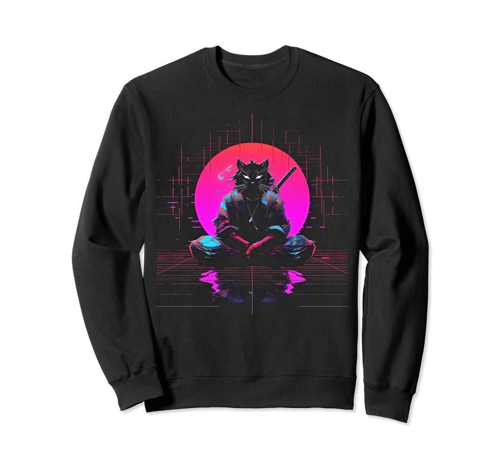 Synthwave Cat Samurai Mediation Sweatshirt - Trendy Graphic Men Women - T-Shirt, Sweatshirt, Hoodie