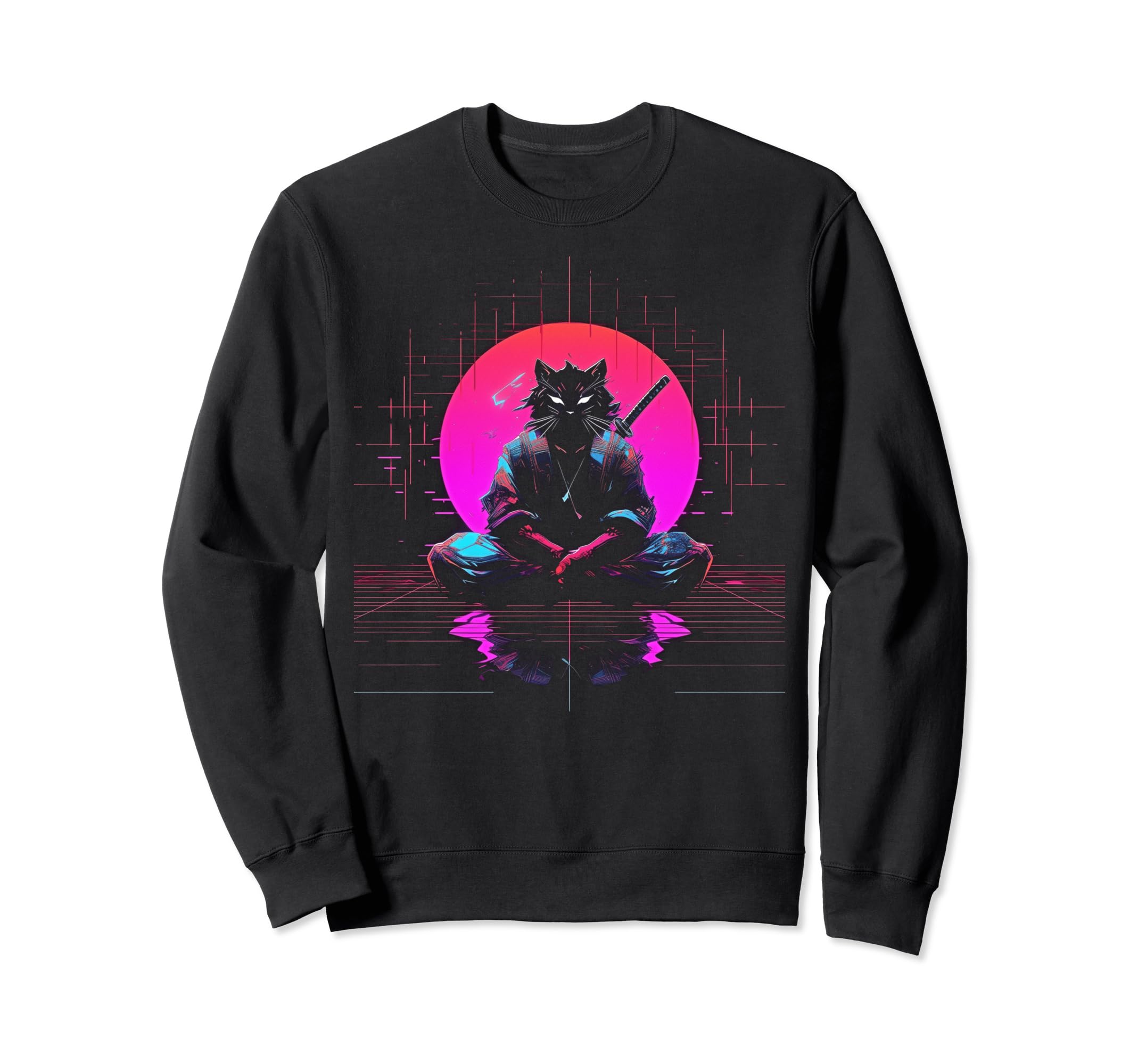 Synthwave Cat Samurai Mediation Sweatshirt - Trendy Graphic Men Women - T-Shirt, Sweatshirt, Hoodie