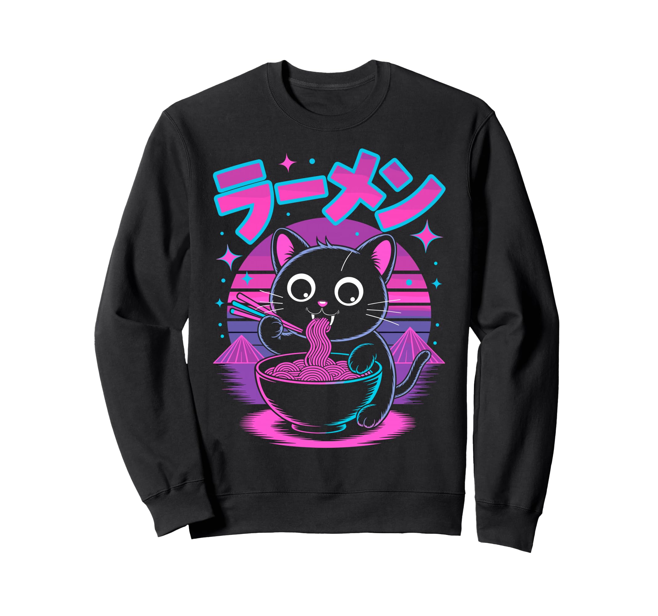 Synthwave Cat Ramen Anime Noodle Sweatshirt - Unique Graphic Unisex - T-Shirt, Sweatshirt, Hoodie