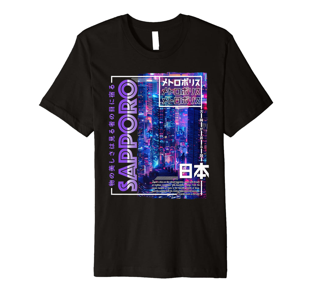 Sapporo City 80S Synthwave Skyline T-Shirt - Minimalist Print for Adults - T-Shirt, Sweatshirt, Hoodie