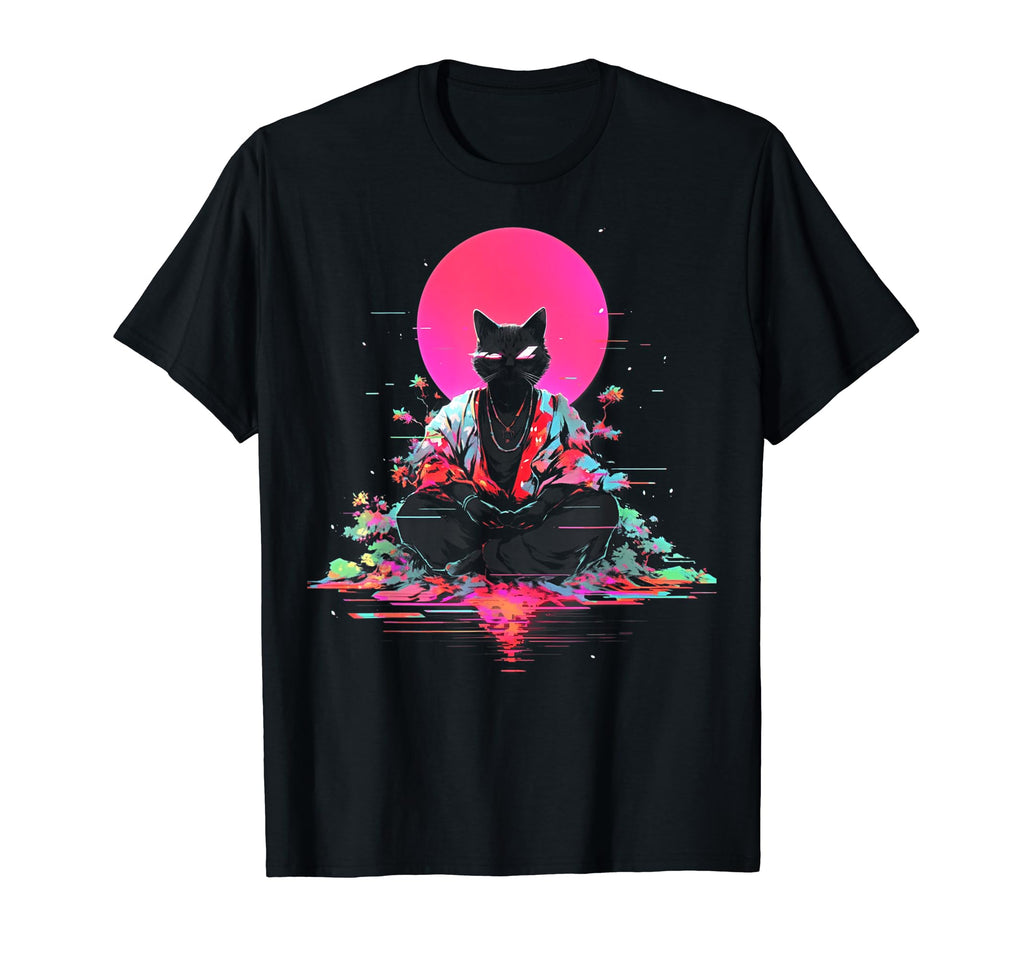 Synthwave Cat Samurai Mediation T-Shirt - Custom Art Print Men Women - T-Shirt, Sweatshirt, Hoodie