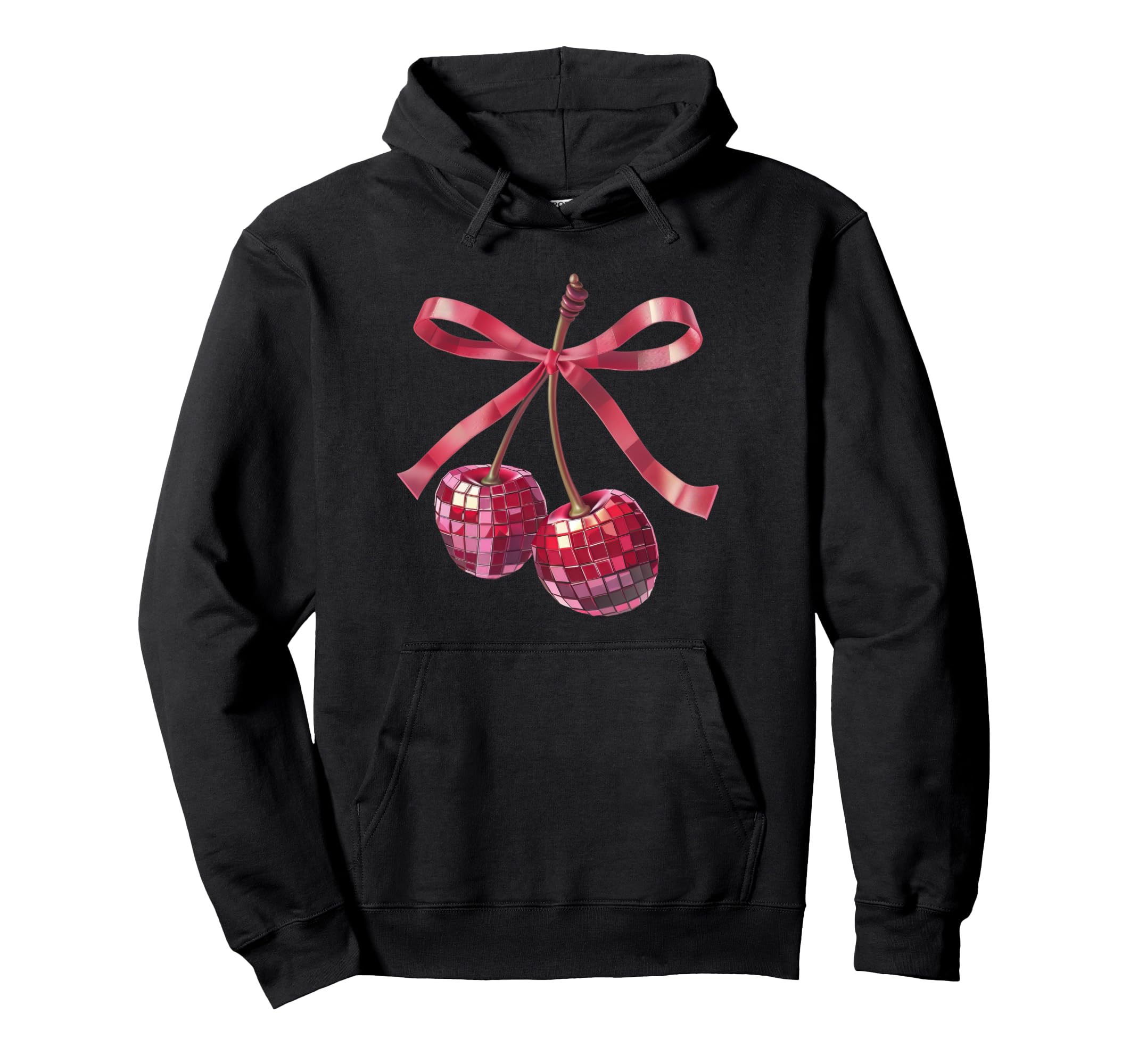 Coquette Cherry Mirror Disco Ball Bow Hoodie - Unique Graphic for Adults - T-Shirt, Sweatshirt, Hoodie