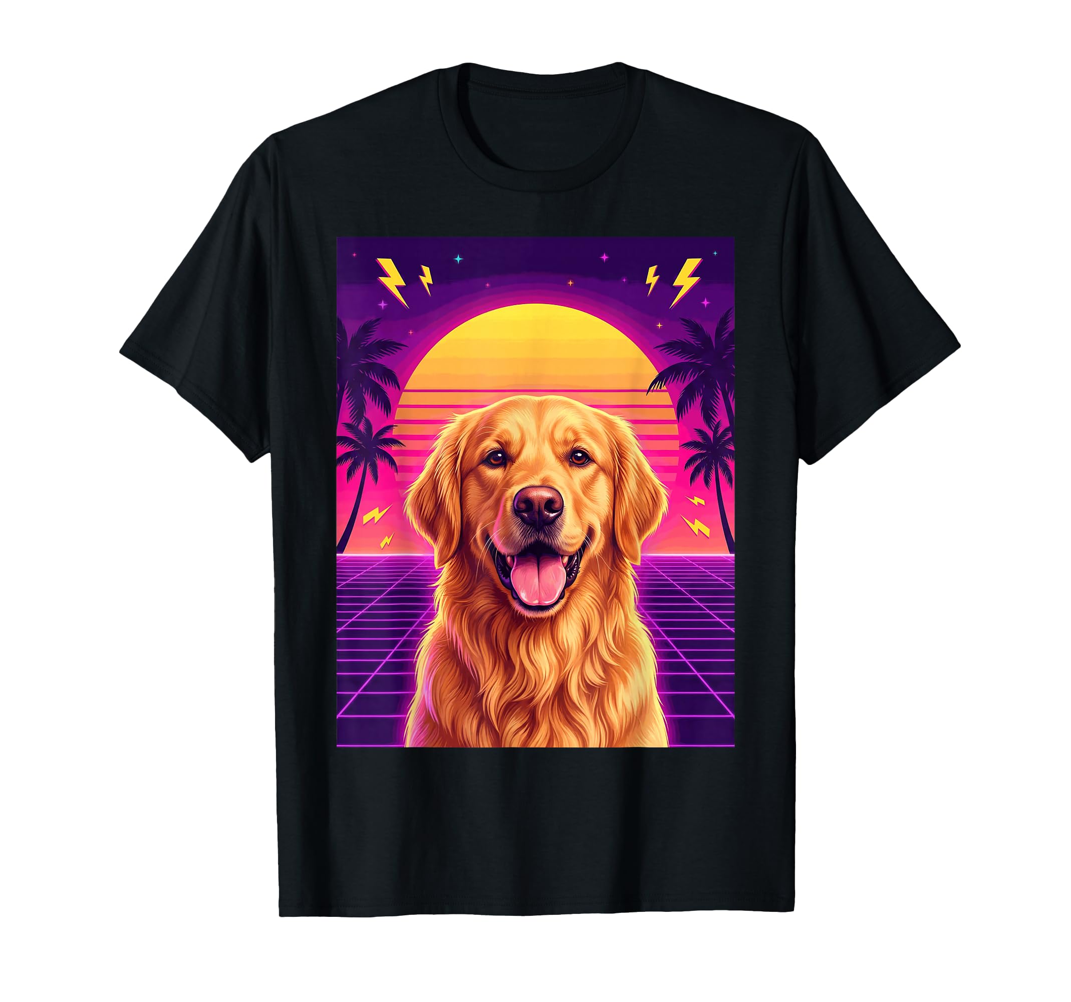 Synthwave Golden Retriever Sunset 80S T-Shirt - Aesthetic Graphic Unisex - T-Shirt, Sweatshirt, Hoodie