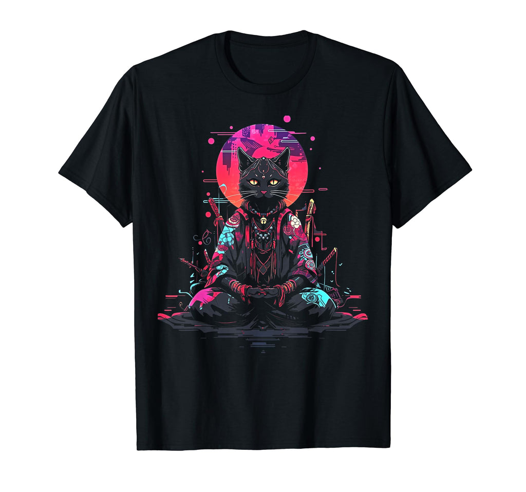 Synthwave Cat Samurai Mediation T-Shirt - Custom Art Print Unisex - T-Shirt, Sweatshirt, Hoodie