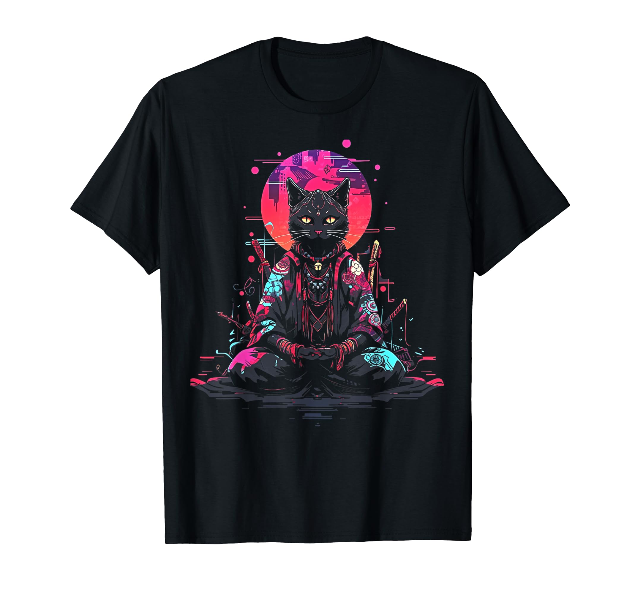Synthwave Cat Samurai Mediation T-Shirt - Custom Art Print Unisex - T-Shirt, Sweatshirt, Hoodie