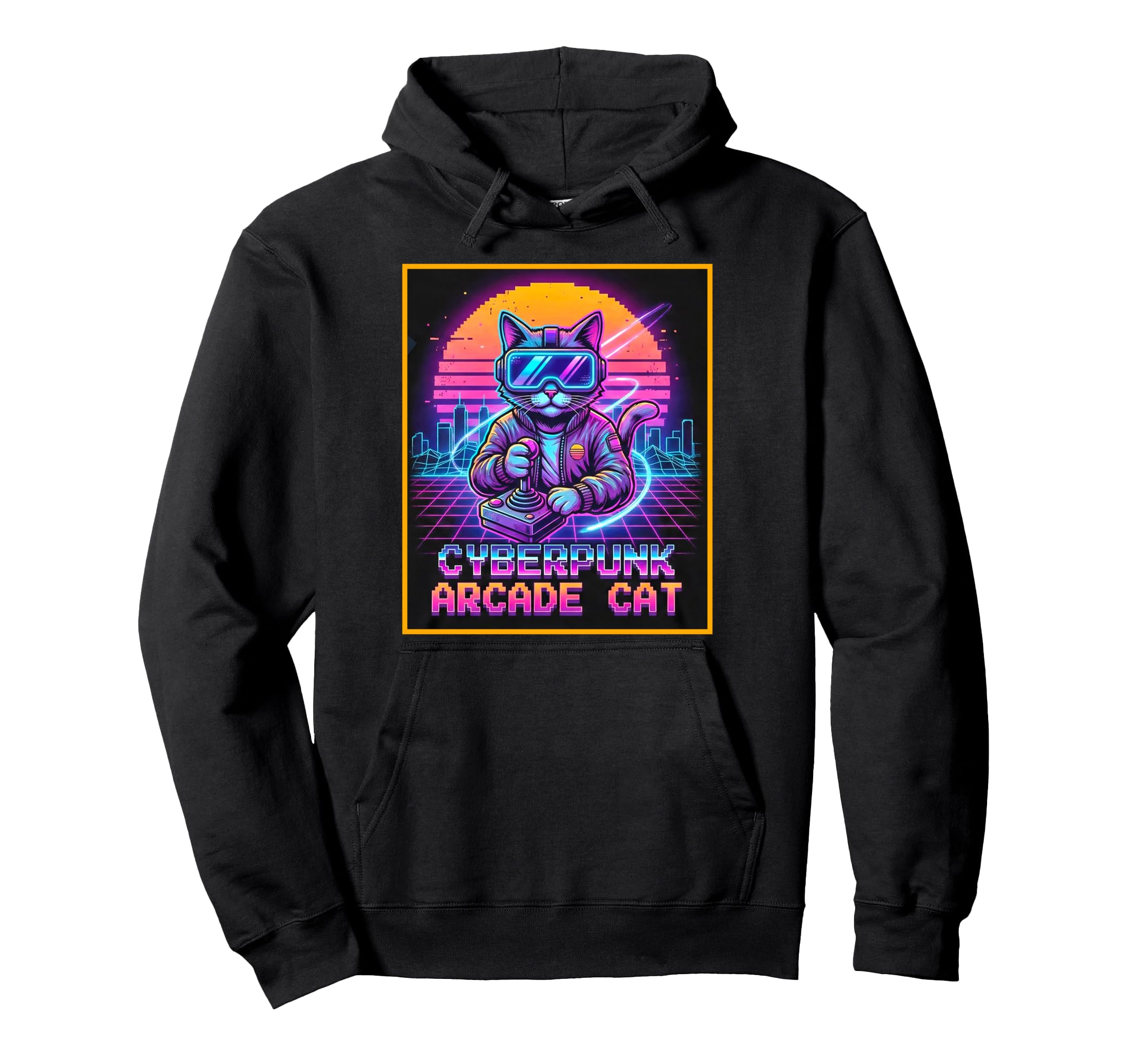 Cyberpunk Arcade Cat Synthwave Gamer Kitty Hoodie - Custom Art Print Unisex - T-Shirt, Sweatshirt, Hoodie