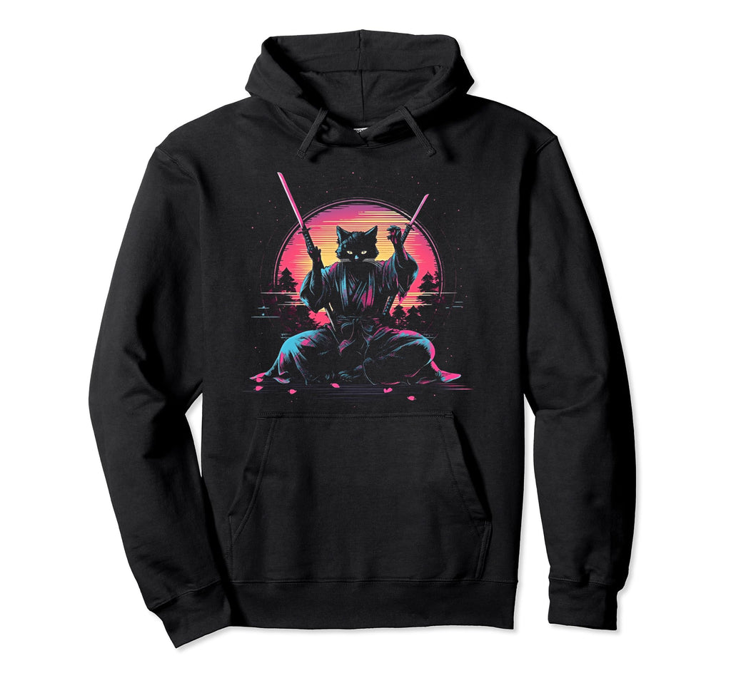 Synthwave Cat Samurai Mediation Hoodie - Casual Everyday Wear for Adults - T-Shirt, Sweatshirt, Hoodie