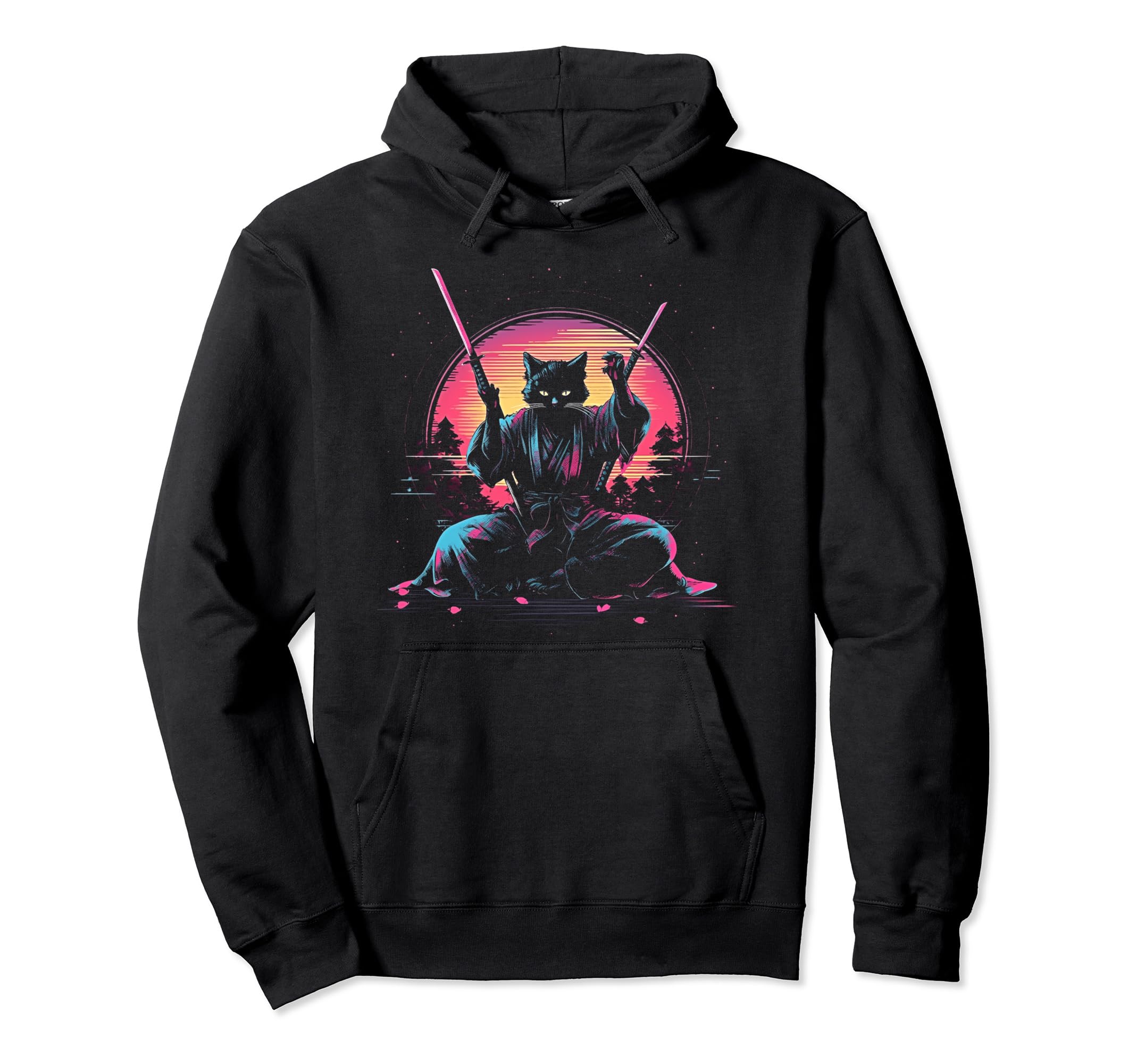 Synthwave Cat Samurai Mediation Hoodie - Casual Everyday Wear for Adults - T-Shirt, Sweatshirt, Hoodie